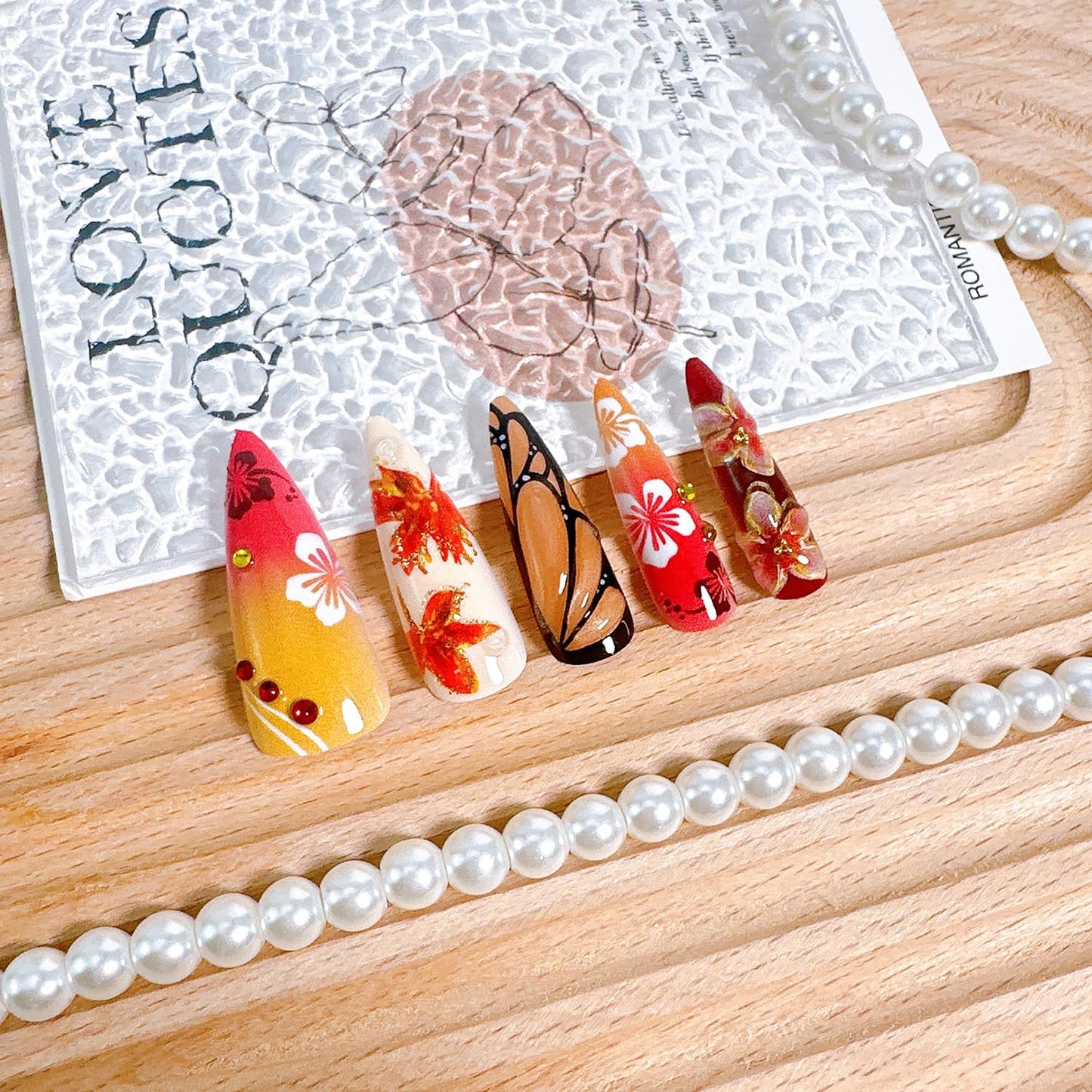 Fall Press-On Nails - 24 Pcs Long Stiletto Maple Leaf Design with Pearl Rhinestones | Thanksgiving Acrylic Nail Tips