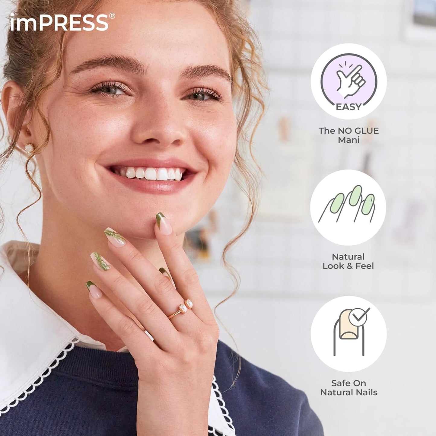 Kiss Impress No Glue Mani Press-On Nails - 'Rain Check' Blue Squoval Design | Short Size, 30 Nails & Accessories
