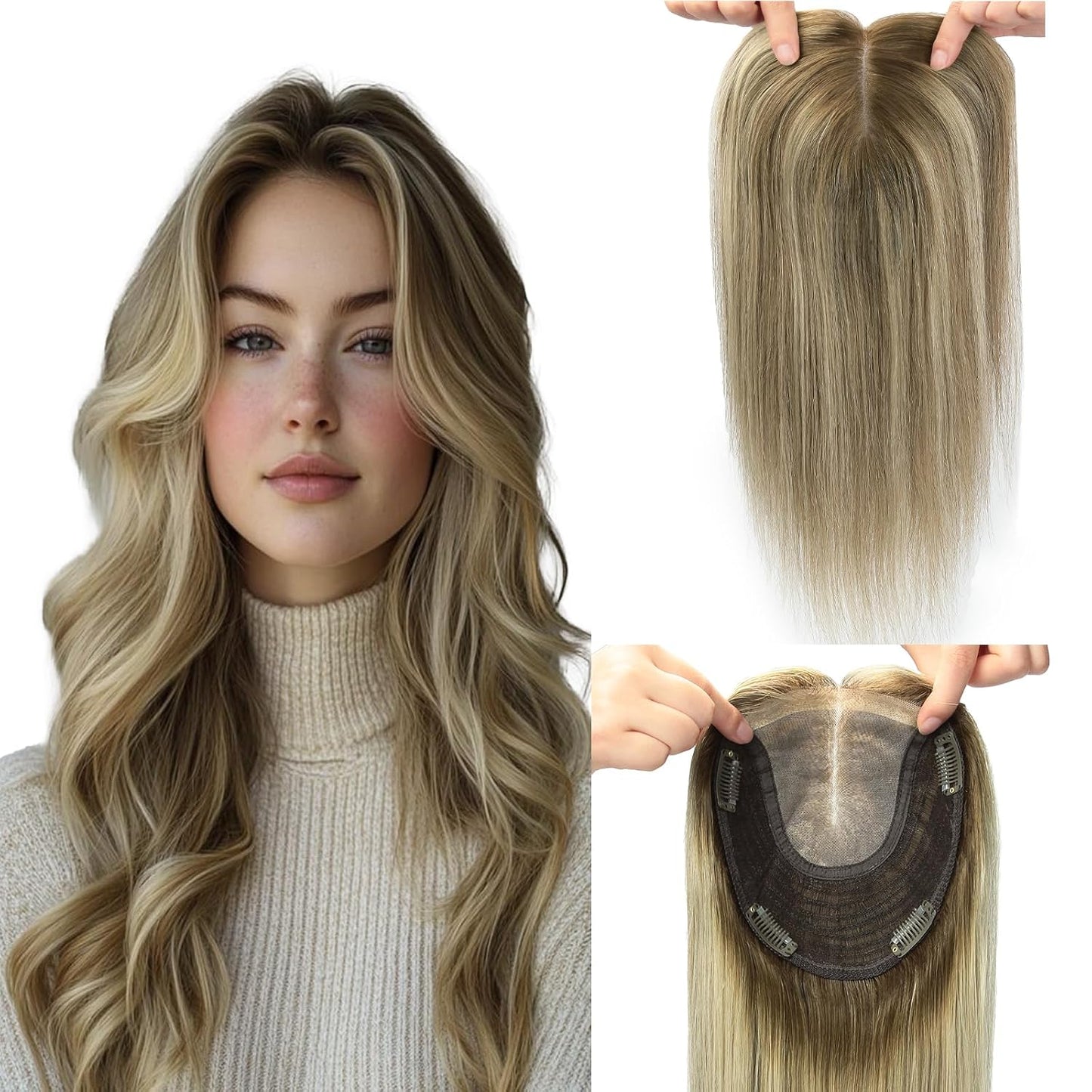 Hair Toppers for Women - Real Human Hair 6x7 Inch Large Base | Balayage Ash Brown to Golden Blonde, 12 Inch Volume Boost