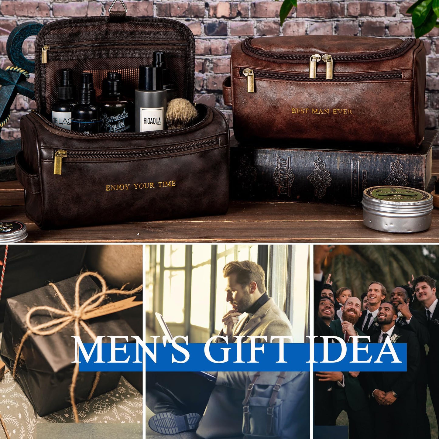 Flycalf Personalized Mens Toiletry Bag for Men ENJOY YOUR TIME Gold Foil Stamped Leather Travel Shaving Dopp Kit Groomsmen Gifts Dad Husband Boyfriend Wedding Birthday (Coffee)