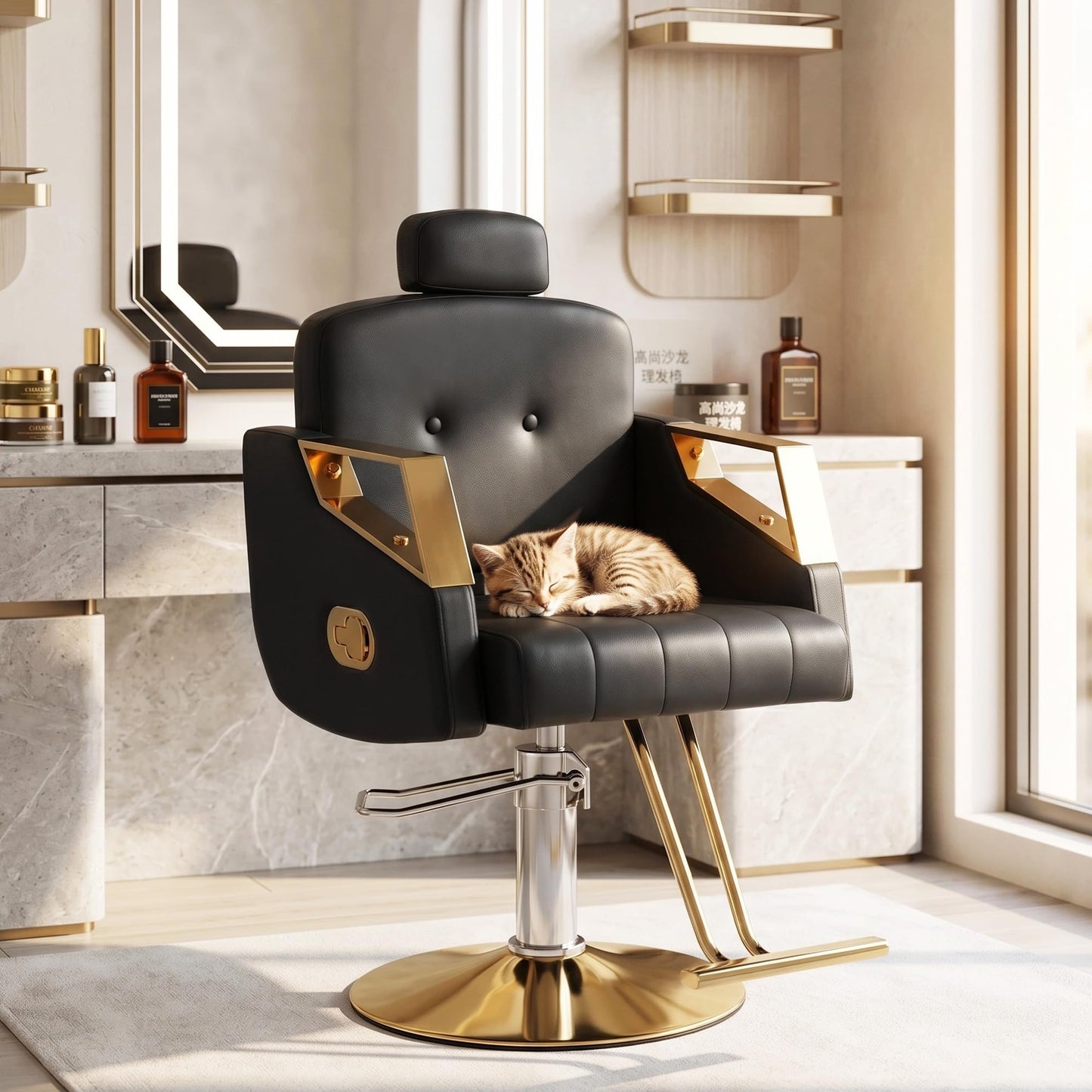 Hicomony Salon Barber Chair, Salon Chair for Hair Stylist, Hydraulic Styling Stylist Chair with PU Leather, Chair for Home Barbershop Spa, Black Gold