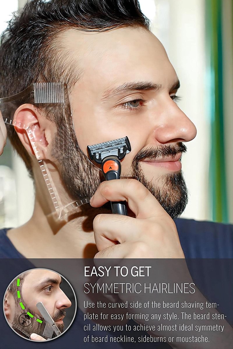 Beard Shaping & Styling Tool with Comb for Perfect line up & Edging for Men's Jaw Cheek/Neck Line, Symmetric/Curve/Step Cut Works with Any Beard Razor Electric Trimmers or Clippers (Clear-2pcs)