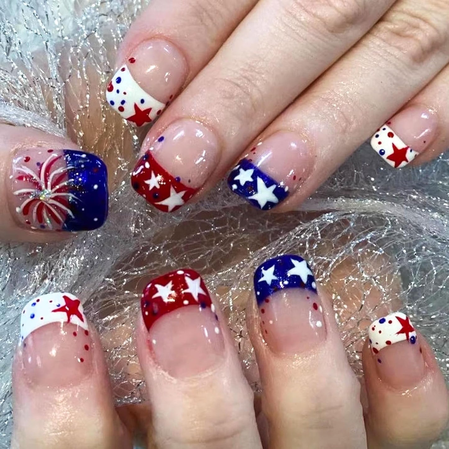 Press On Nails - Short Square Red, White & Blue Acrylic Nails with Glitter Stars | 4th of July Designs, 24 Pcs