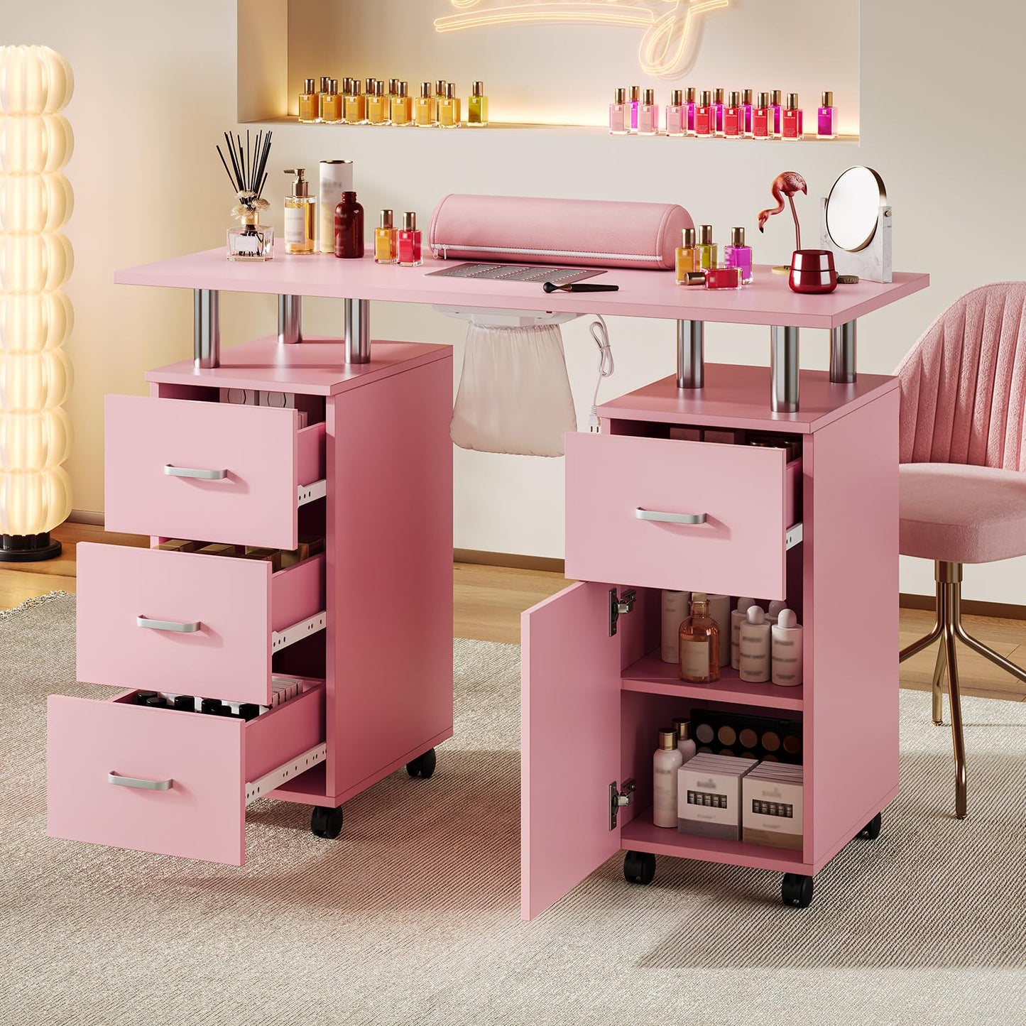 LEISULIF Professional Manicure Station with Dust Collector and Wrist Cushion, Mobile Nail Tech Desk Featuring 4 Drawers, Storage Cabinet and Lockable Wheels for Salon and Home Use - Pink