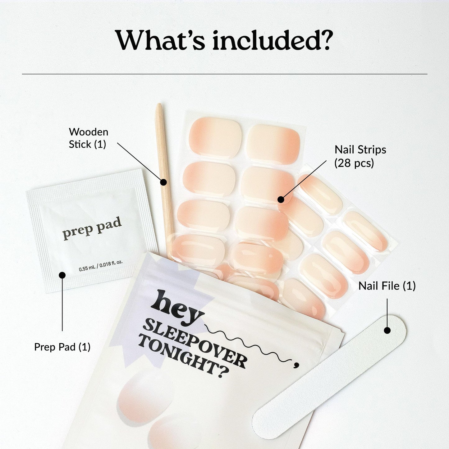 Heyhae Semi Cured Gel Nail Strips | No LED Lamp Needed | Ombre, Neutral, Spring | Easy Apply & Remove, Salon Quality |Includes 28 Strips, 1 Prep Pads, Nail File & Wooden stick- Hey, Sleepover Tonight?