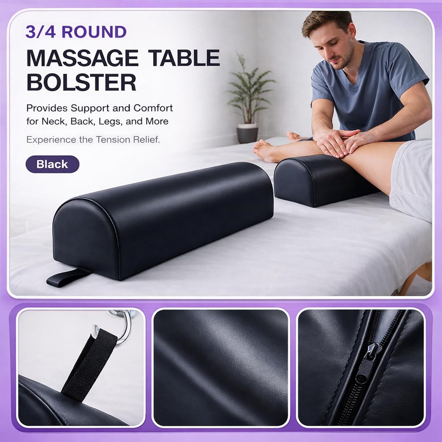 Massage Bolster Pillow - 3/4 Round Support Cushion for Spa & Therapy | 22 x 7 x 7 Inch, Black