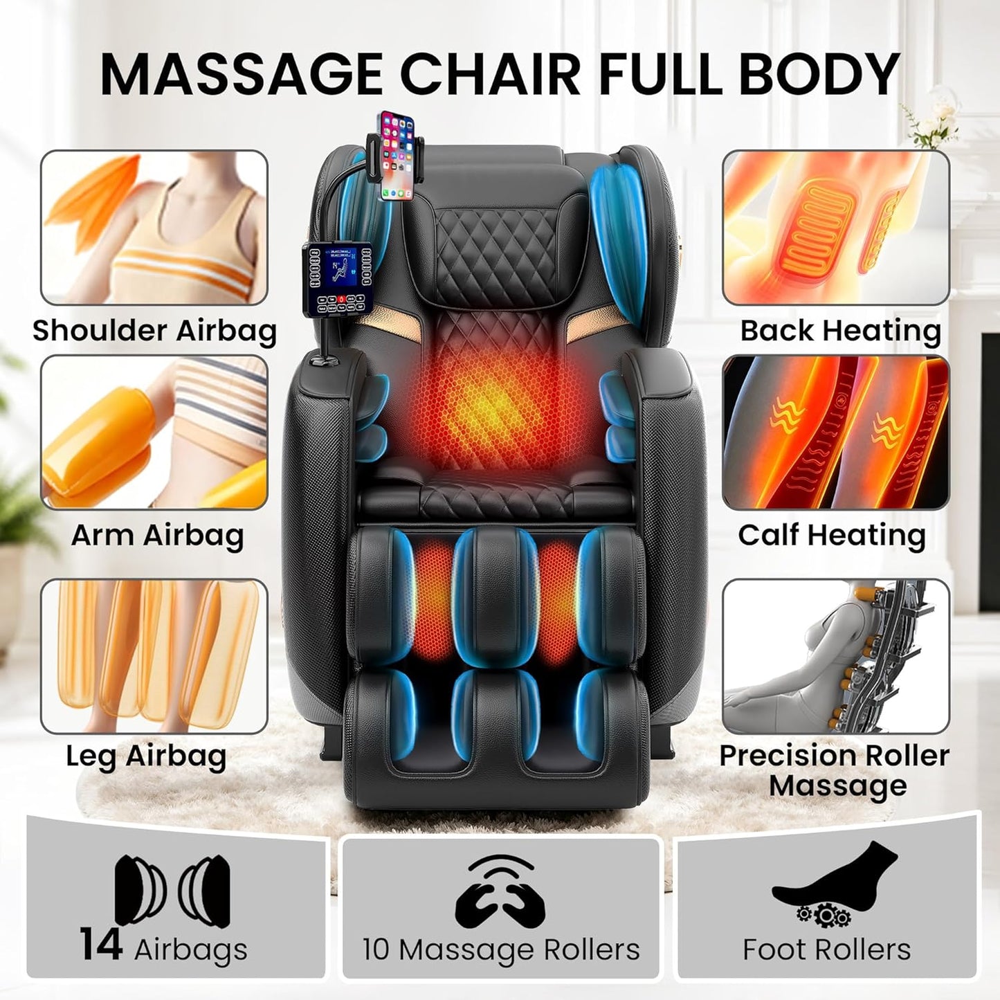 Full Body Massage Chair - Zero Gravity Recliner with 10 Rollers, Airbags, Heating & Bluetooth | Black