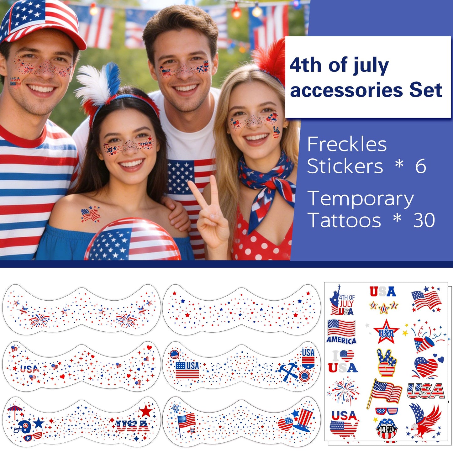 Itscolofy 4th of July Glitter Freckle Tattoos, Patriotic Temporary Tattoos Stickers, 4th of July Accessories for Women, Red White and Blue USA Flag Star Freckles for Independence Day 250th Party 36PCS