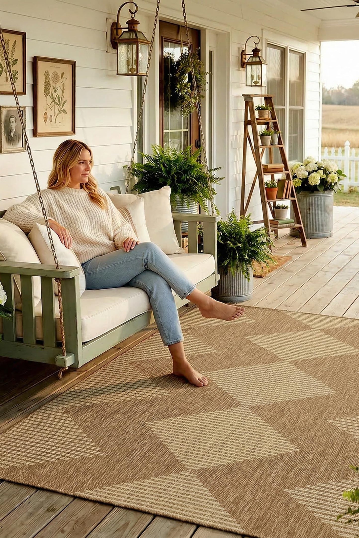 MontVoo-Outdoor Rug Carpet Patio Rug 5x7 ft Polypropylene Indoor Outdoor Rugs for Patio Deck Balcony Porch, Textured Weave, Durable for High Traffic, Fade-Resistant, Boho Geometric Neutral Brown