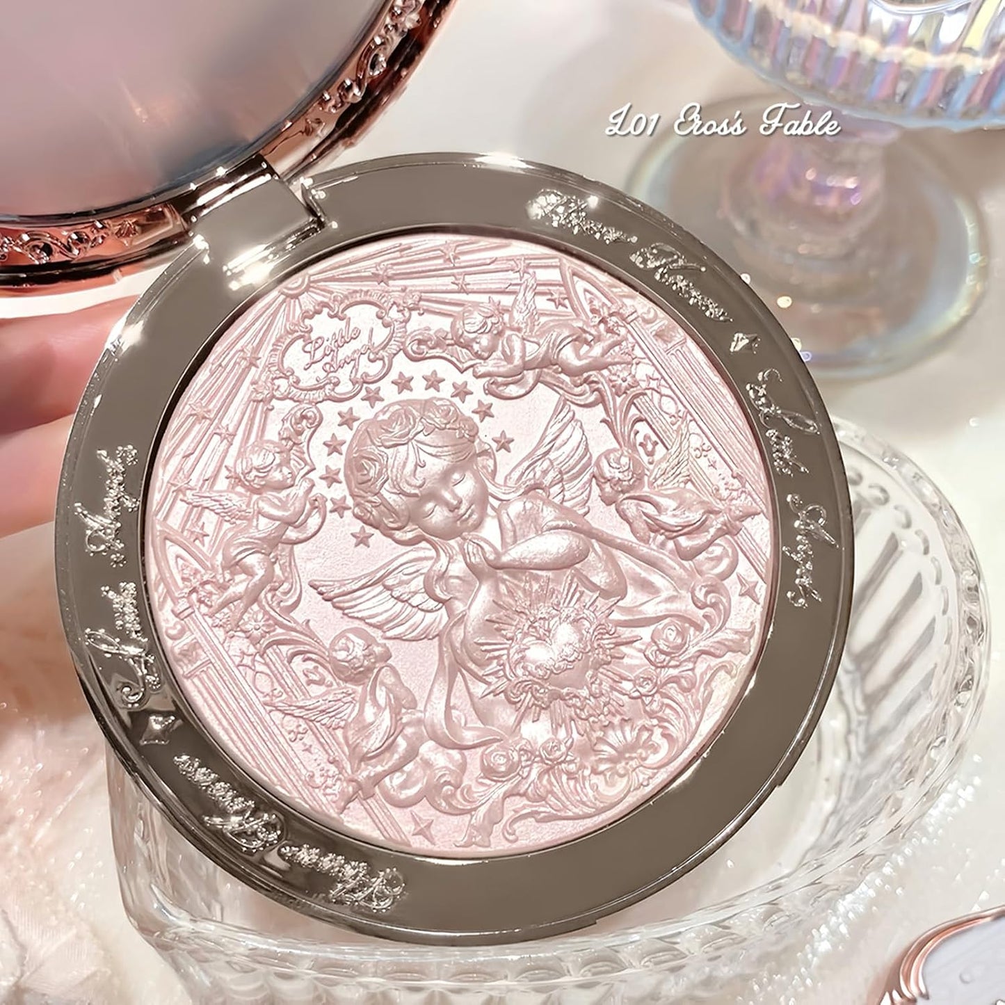 Little Angel Embossed Highlighter - Rosy Pearl Powder for Dreamy Pink Shimmer | Long-Lasting Ethereal Glow, Soft Velvet Finish