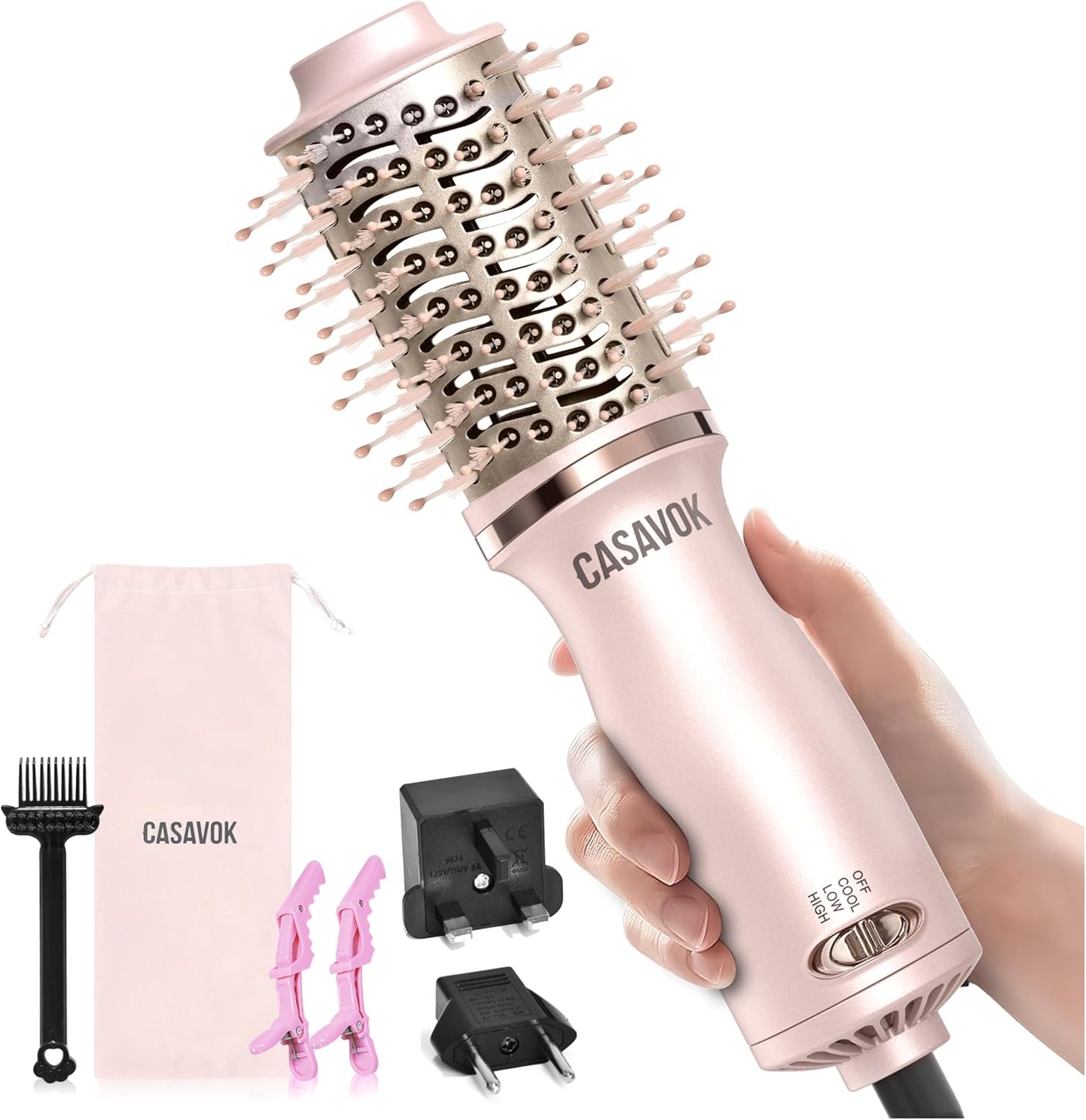 Dual Voltage Hair Dryer Brush - 4 in 1 Mini Hot Air Brush for Short Hair | Volumizer, Pink, 110-240V