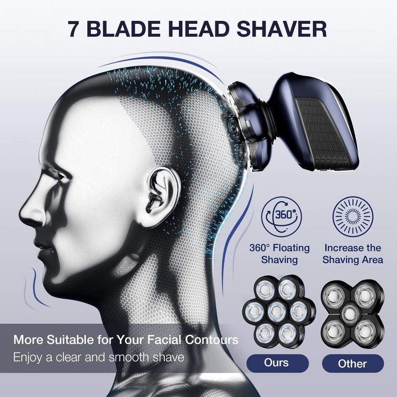 Wyklaus Head Shaver, Upgrade Head Shavers for Bald Men, Head Electric Razor with Nose Hair Trimmer, IPX6 Waterproof Wet/Dry Mens Grooming Kit, Anti-Pinch, LED Display, USB Rechargeable
