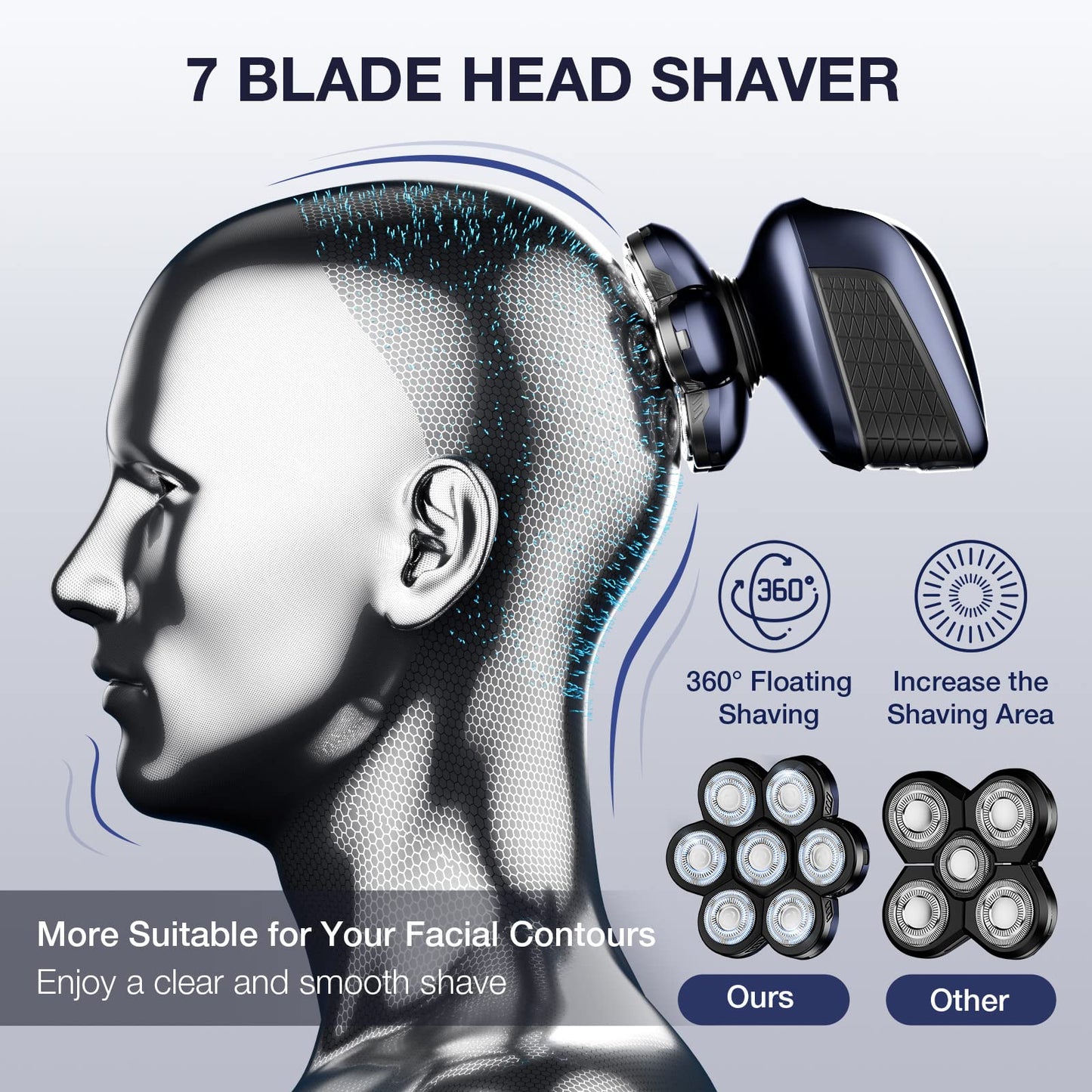 Wyklaus Head Shaver, Upgrade Head Shavers for Bald Men, Head Electric Razor with Nose Hair Trimmer, IPX6 Waterproof Wet/Dry Mens Grooming Kit, Anti-Pinch, LED Display, USB Rechargeable
