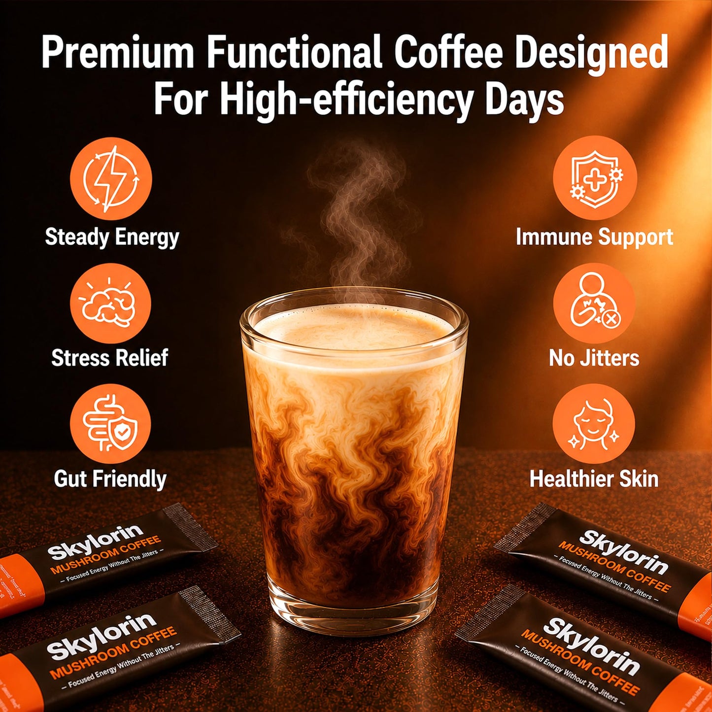 Skylorin 30 Sticks Mushroom Coffee - 7 Adaptogenic Mushrooms & 3000mg Collagen, Ashwagandha & L-Theanine - Smooth Low-Acid Instant Coffee Packets for Focus, Energy, Digestion, Skin & Immune Support
