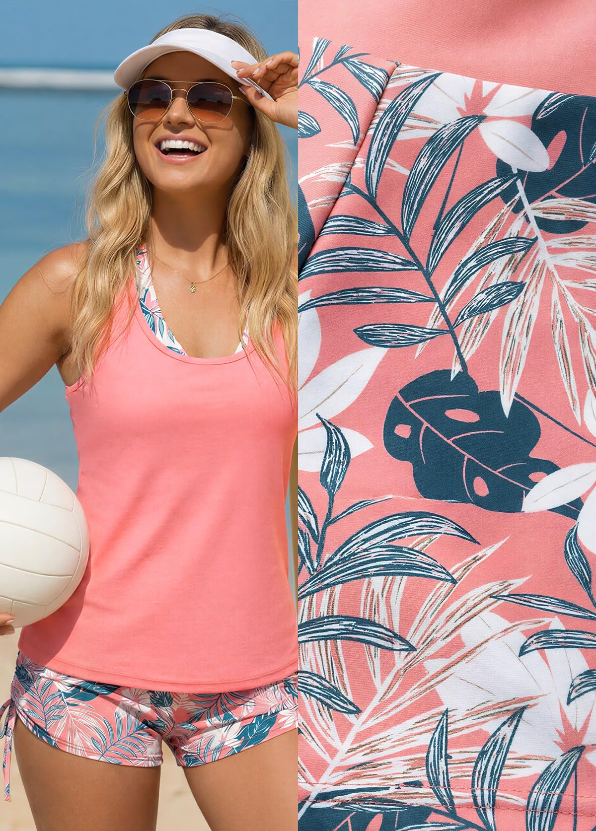 MODLILY Classic 3 Piece Tankini Swimsuits for Women, Solid Tank Top & Plants Print Sports Bra with Drawstring Board Shorts Peach Pink