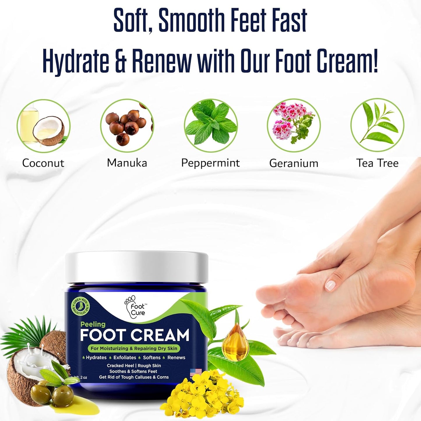 Tea Tree Oil Foot Cream - Moisturizing Treatment for Dry Cracked Feet | Heel & Callus Removal, 2 oz