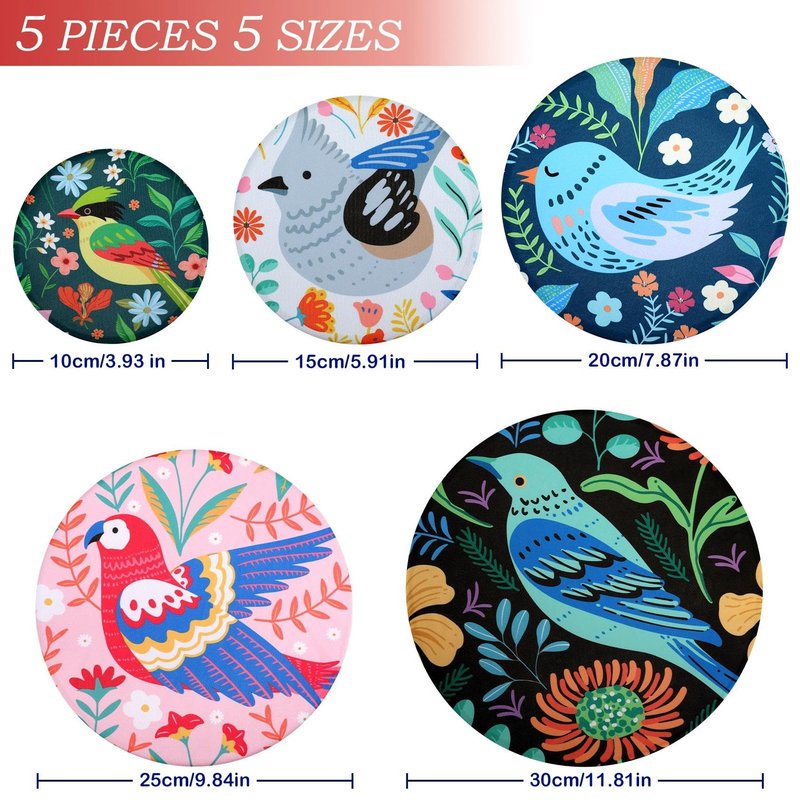 Revahope 5 Pieces Bowl Covers Reusable, 5 Size Elastic Cloth Bowl Covers for Bread Proofing, Food Covers Washable for Food Fruits Leftover (Floral Bird)
