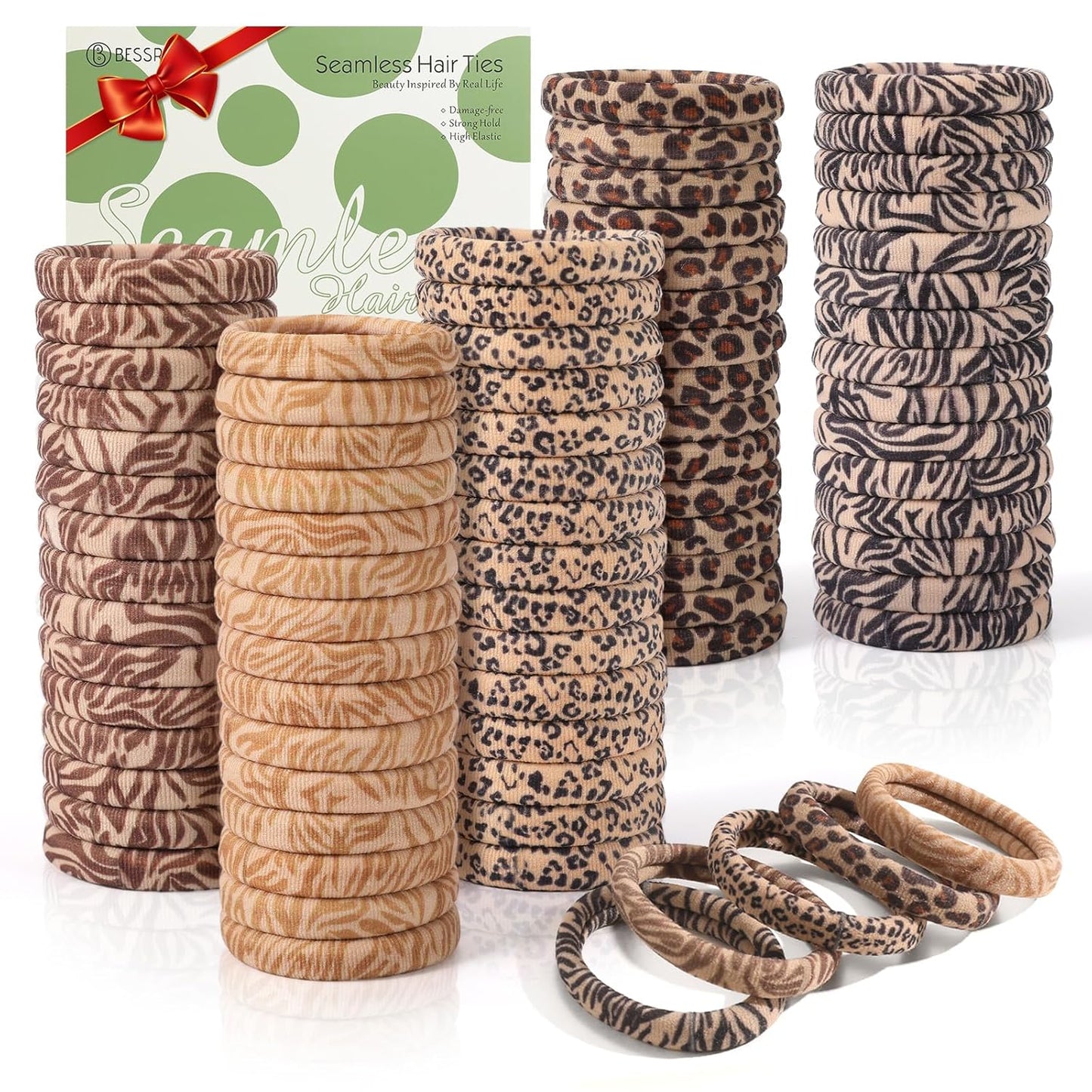 Bessrung 100PCS Seamless Elastic Hair Ties - No Damage Ponytail Holders for All Hair Types | Leopard Print