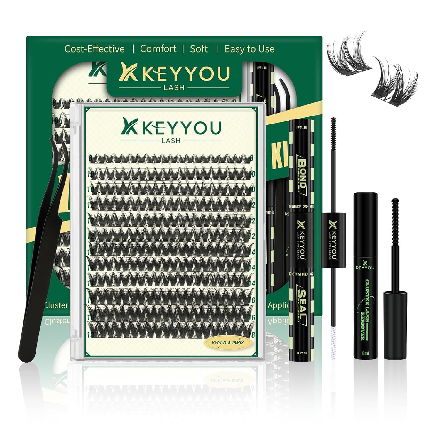 KEYYOU 3D Eyelash Clusters - 280pcs Wispy Volume Lashes | 80D D Curl, 9-18mm Mix