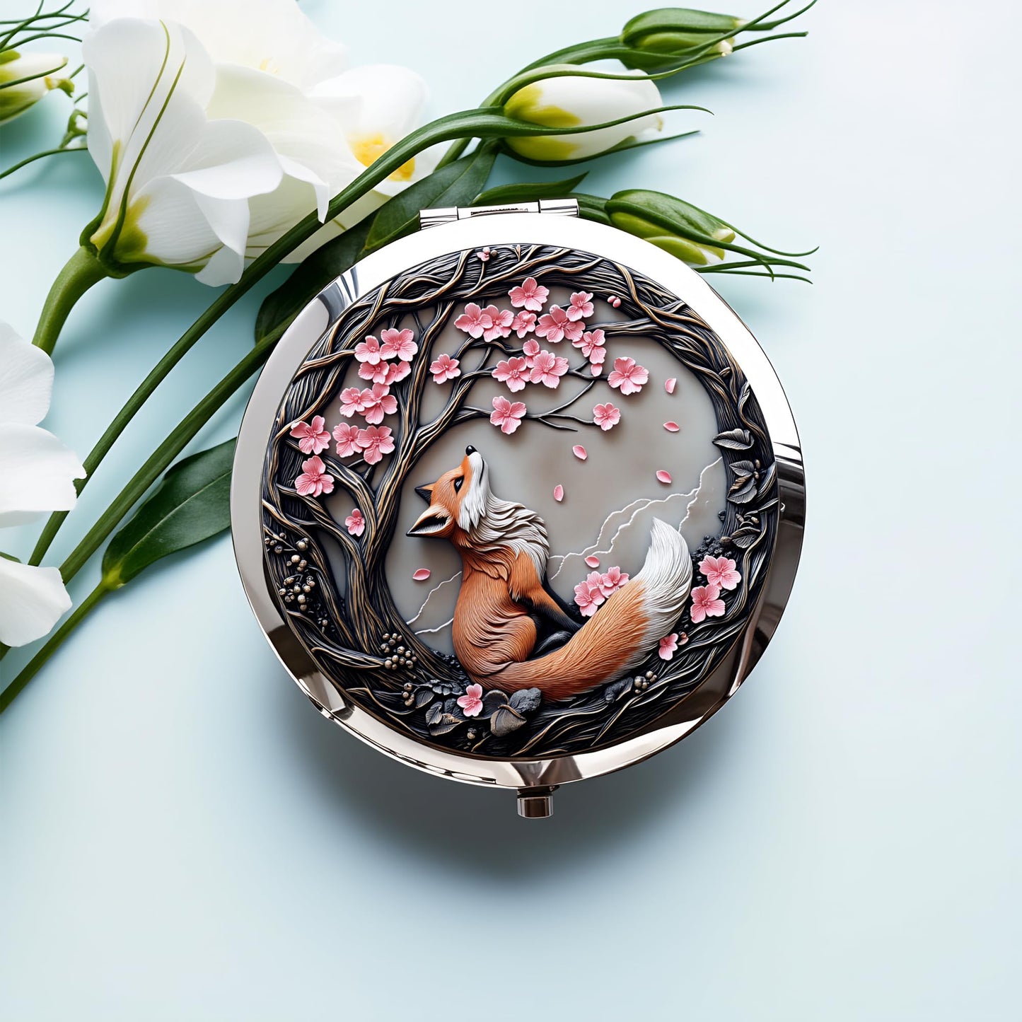 Silver Compact Mirror, 2.8x2.8inch Double-Sided Folding Makeup Mirror with Cherry Blossom Red Fox Design, Ideal Gift for Women