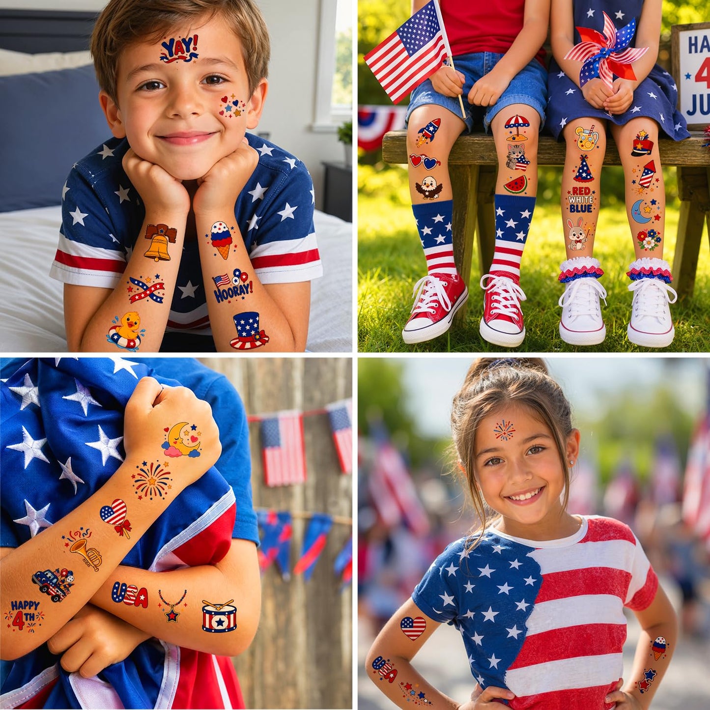 4th of July Temporary Tattoos - Cute Independence Day Stickers for Kids & Adults | Red, White & Blue Party Favors