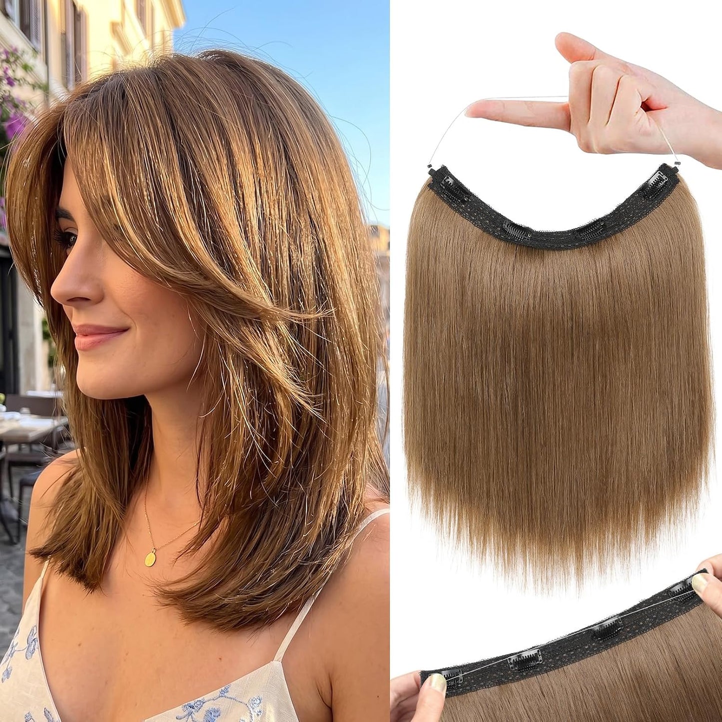 REECHO Invisible Wire Hair Extensions - Thinner Lace Weft, 12-Inch Short Straight Clips | Light Blonde