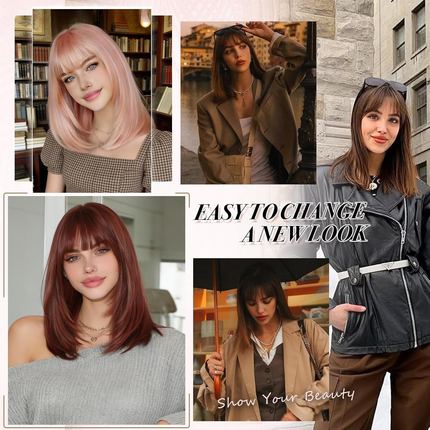 Blonde Bob Wigs with Bangs - Shoulder Length Straight Synthetic Hair | 16 Inch Platinum Blonde