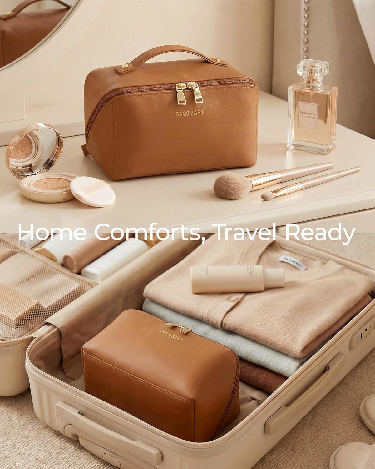 Makeup Bag - Large Travel Cosmetic Organizer | PU Leather Toiletry Case for Women - Classic Brown