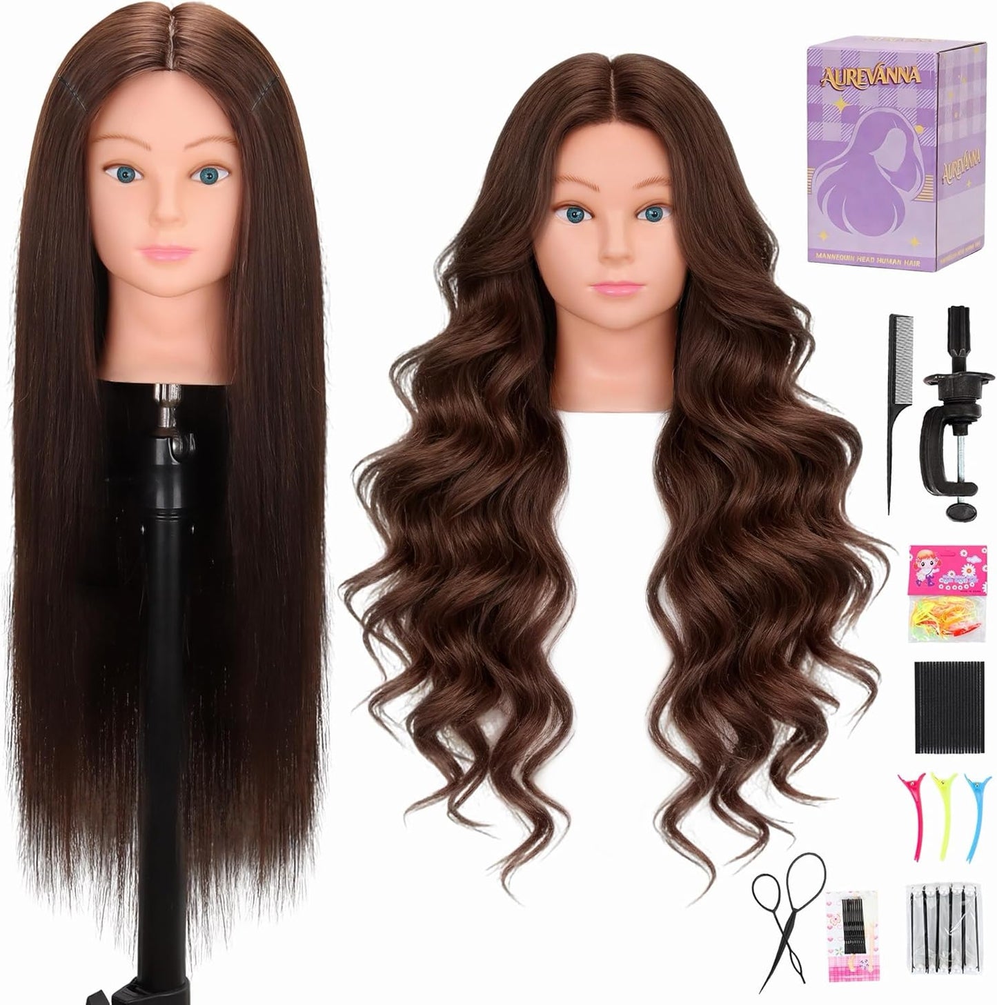 Mannequin Head - 80% Real Hair Cosmetology Training Tool | 26-28" Light Brown with Clamp Holder