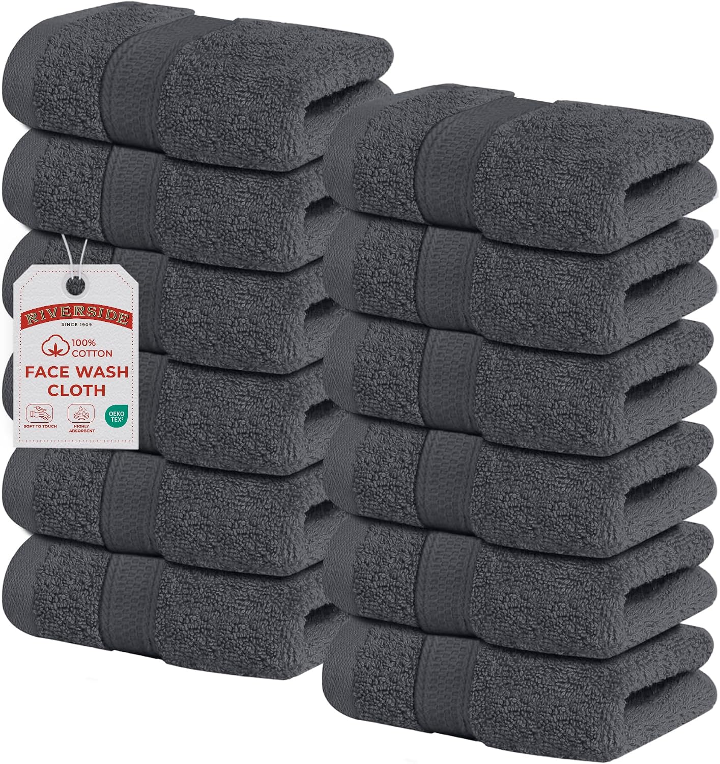 Riverside 12-Pack 100% Cotton Hunter Green Face Towels - Super Soft, Absorbent Washcloths for Bathroom, Spa & Gym | 12x12 Inches