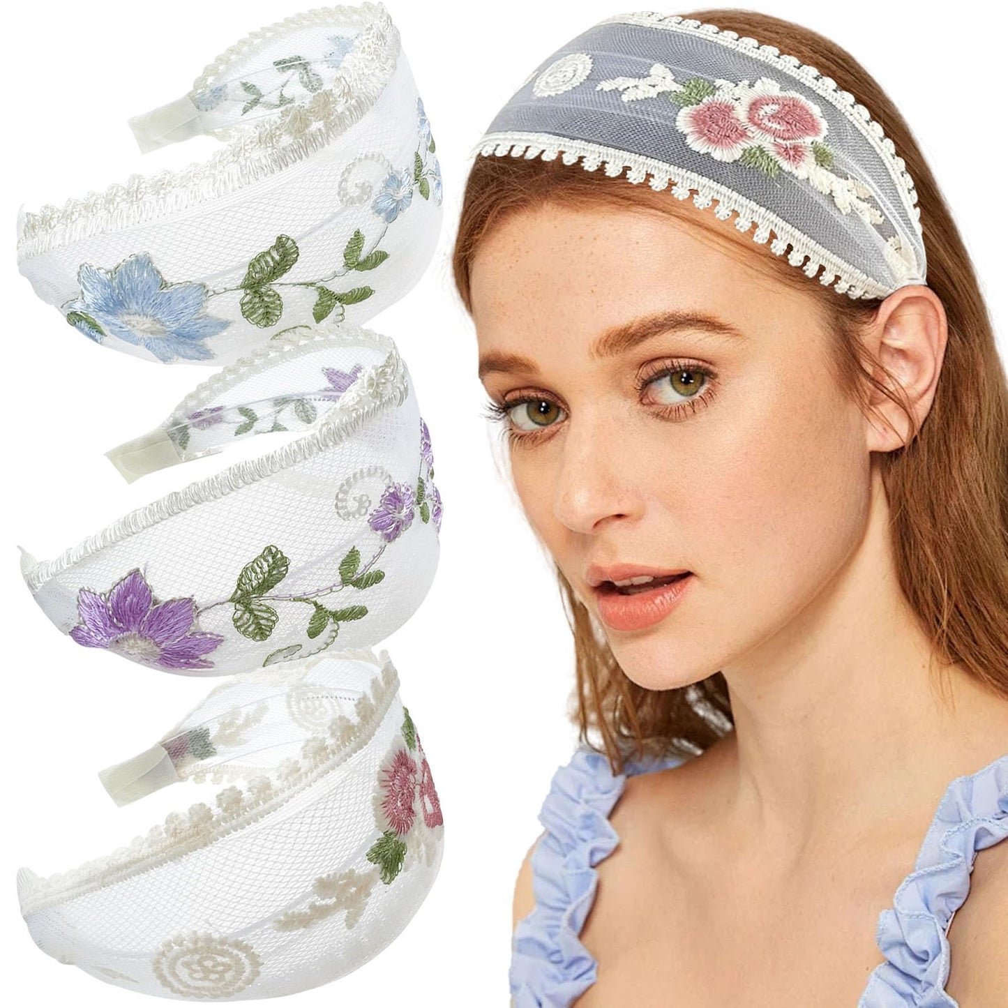 Jaczora Floral Lace Headbands for Women, Wide Mesh Hair Bands with Embroidered Flowers, 3-Pack, White