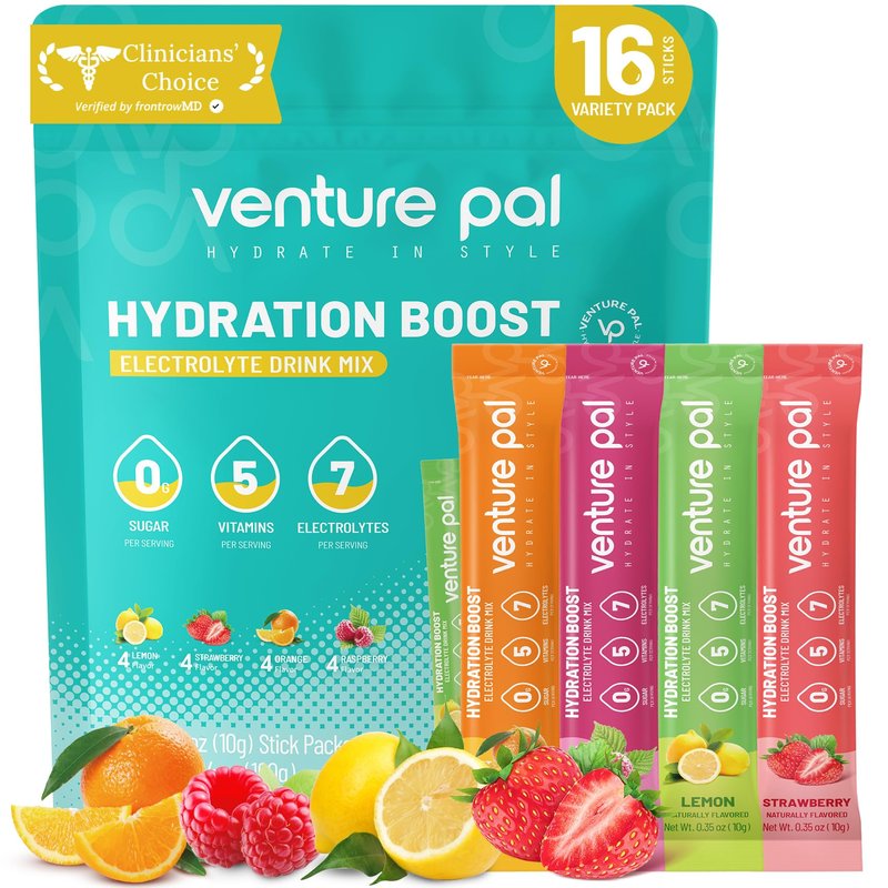 Venture Pal Sugar Free Electrolytes Powder Packets - Liquid Daily IV Hydration Packets | Instantly Hydrating & Party Recovery | 5 Vitamins & 7 Electrolytes | Certified Vegan, Keto, Non-GMO | 16 Sticks