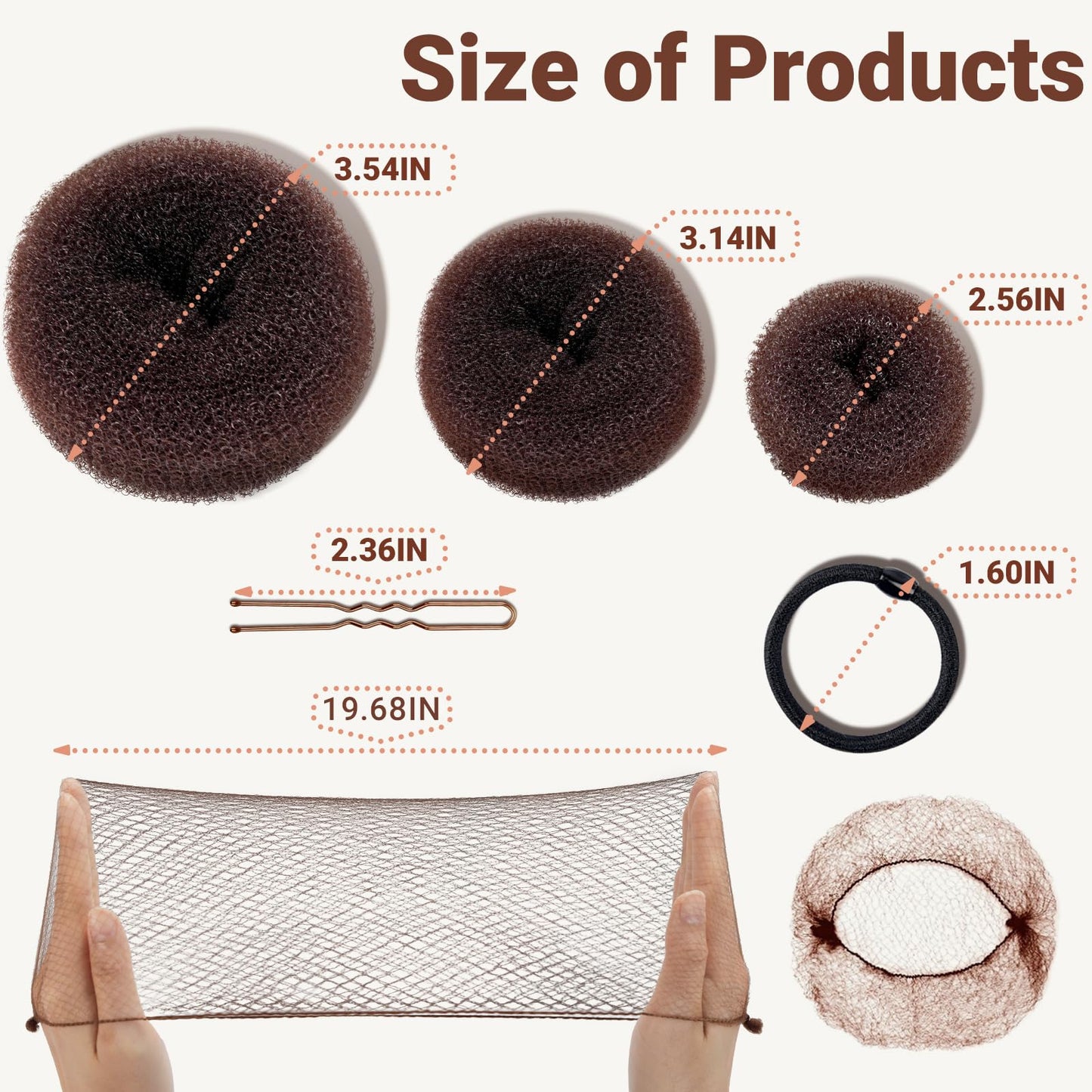 TsMADDTs Bun Maker and Hair Nets Set, Hair Accessory Set with 8 Bun Makers for Women, 10 Brown Invisible Nets, 5 Elastic Bands and 40 U Bobby Pins for Ballet, Dance