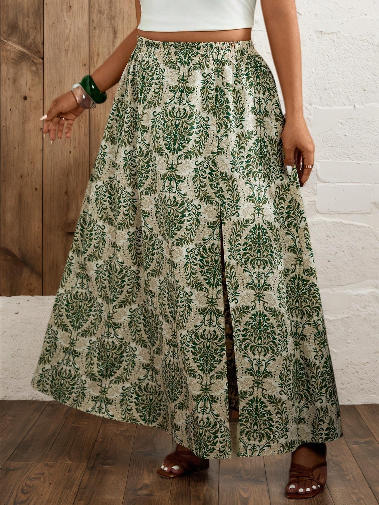 Women’s High Waist Maxi Skirt Floral Print Side Slit Straight Skirt Boho Casual Summer Vacation Beach Long Skirt Black