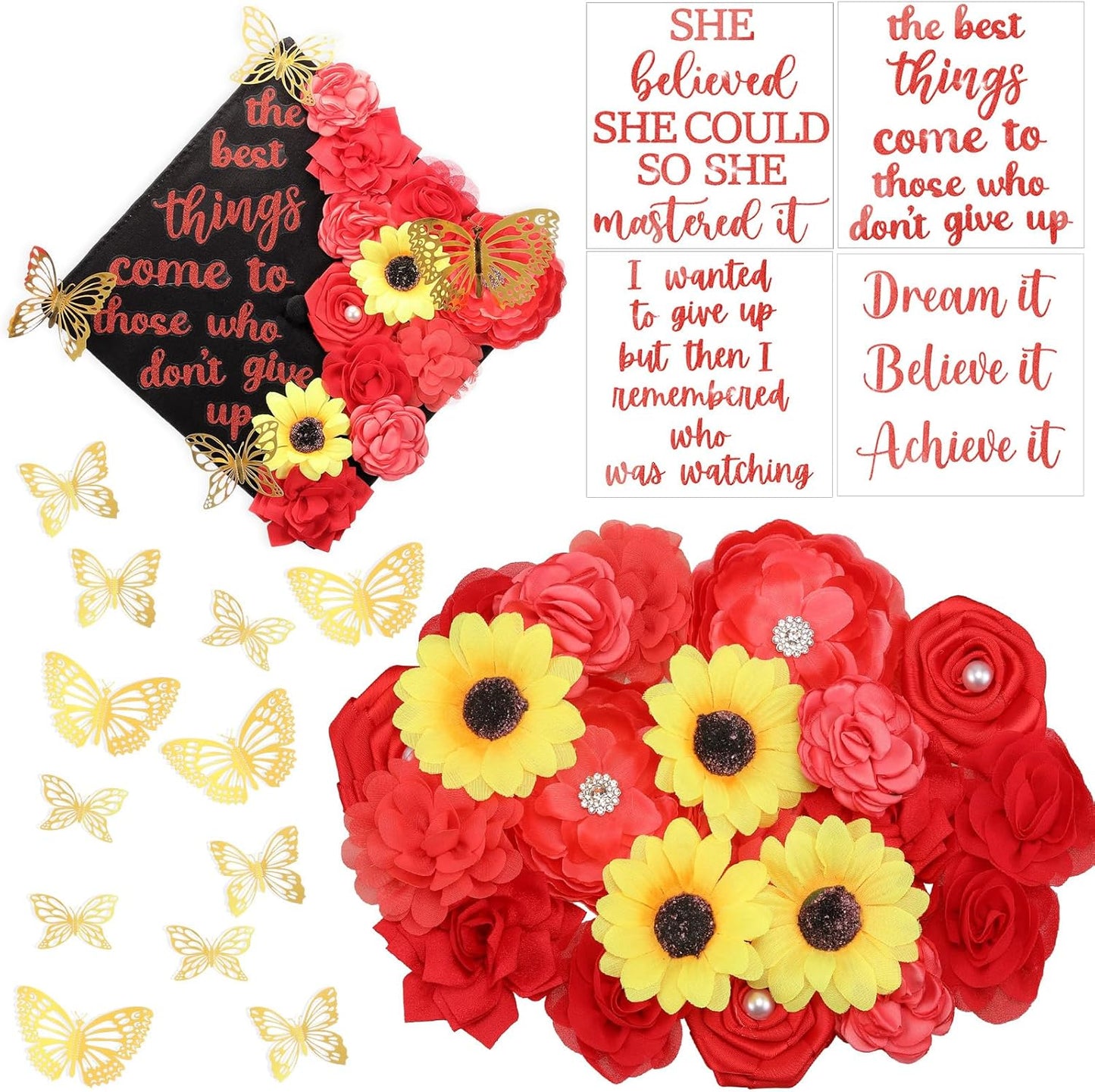 Graduation Cap Decoration Kit - 36 Pcs with Faux Flowers, Glitter Stickers & 3D Butterflies | Blue Inspirational Themes