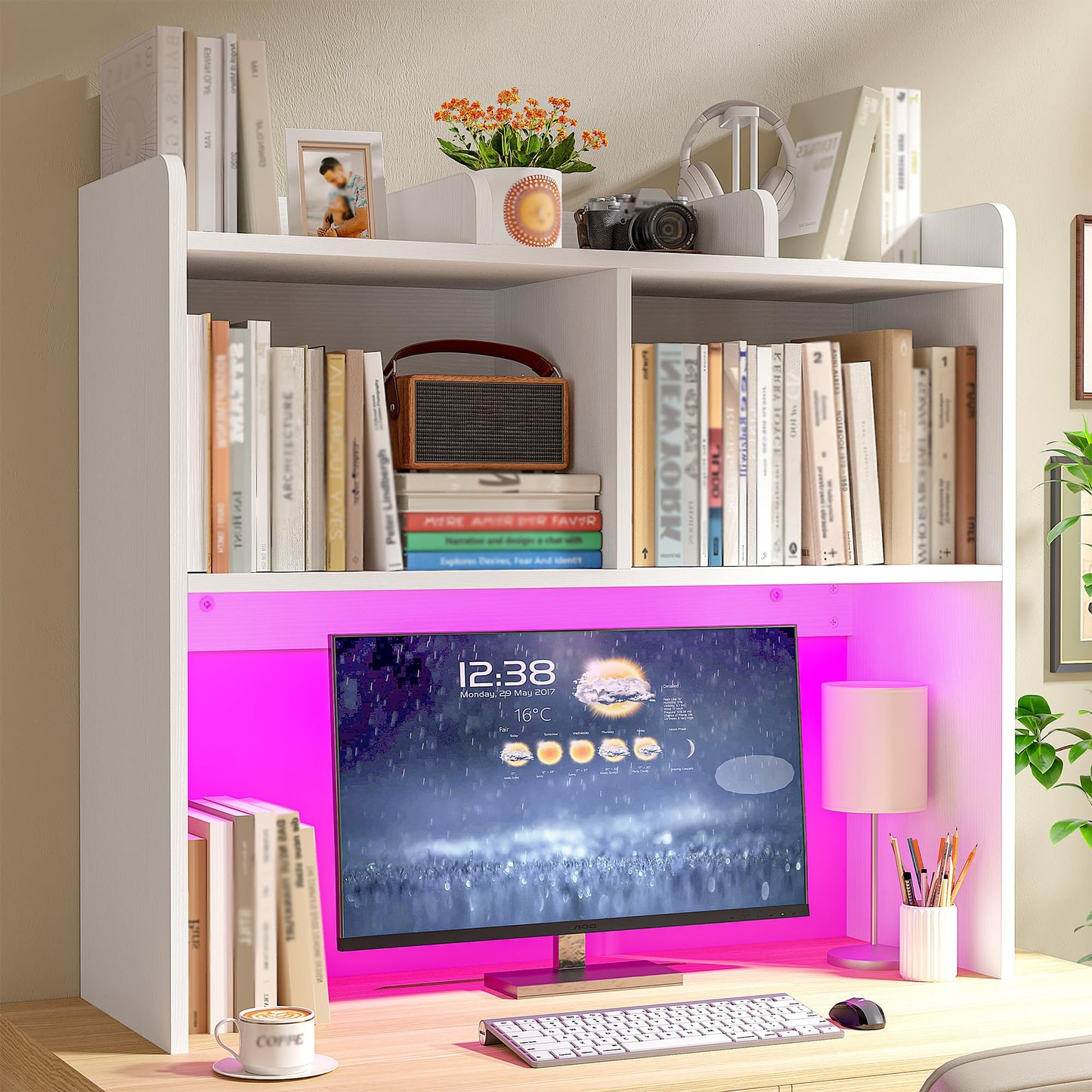 REIBII Desk Hutch Dorm for Computer Monitor Up to 27", Dorm Desk Hutch Top Only with RGB Light Strip, Wooden Desktop Bookshelf with 6 Shelves, 3-Tier Desktop Shelf for Home Office Dorm, White
