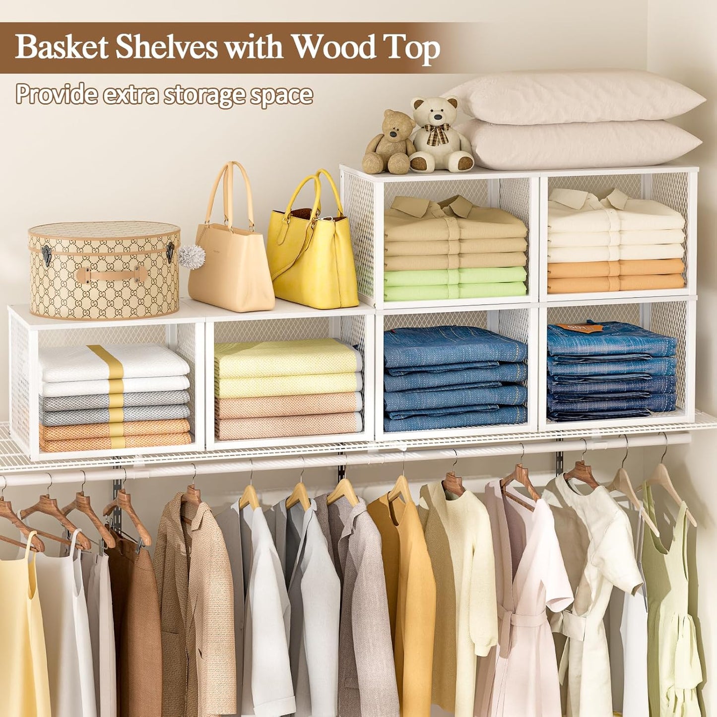 Stackable Closet Organizers - 3 Pack Storage Baskets with Wood Top | Multifunctional Clothes Organizer for Wardrobe, Kitchen, Laundry Room - White
