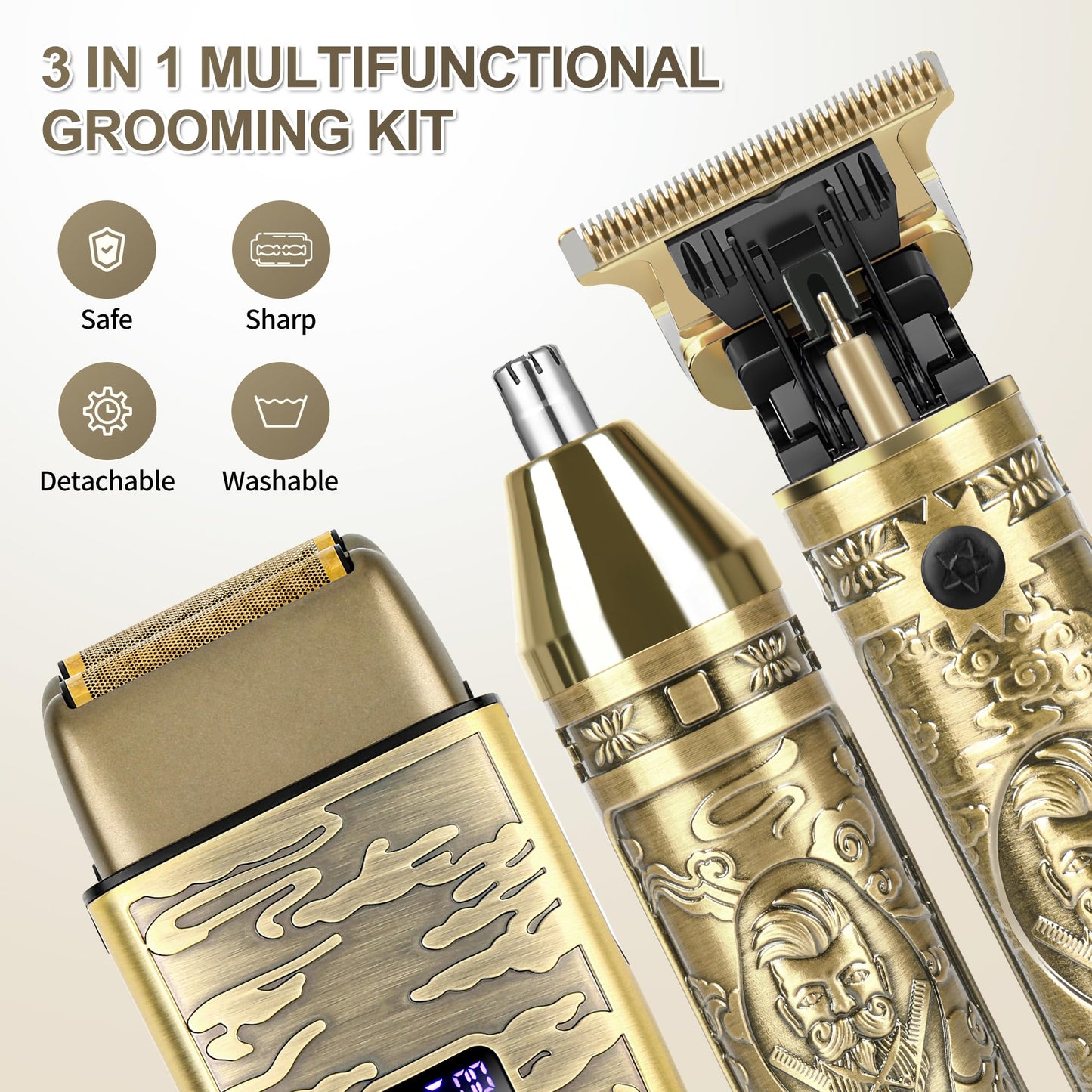 Electric Foil Shaver for Men, T-Blade Beard Trimmer Razor Nose Hair Trimmer Set, Cordless Rechargeable Beard Trimmers Professional Hair Clippers Kit with LCD, Gifts for Men Him Dad Fathers Day