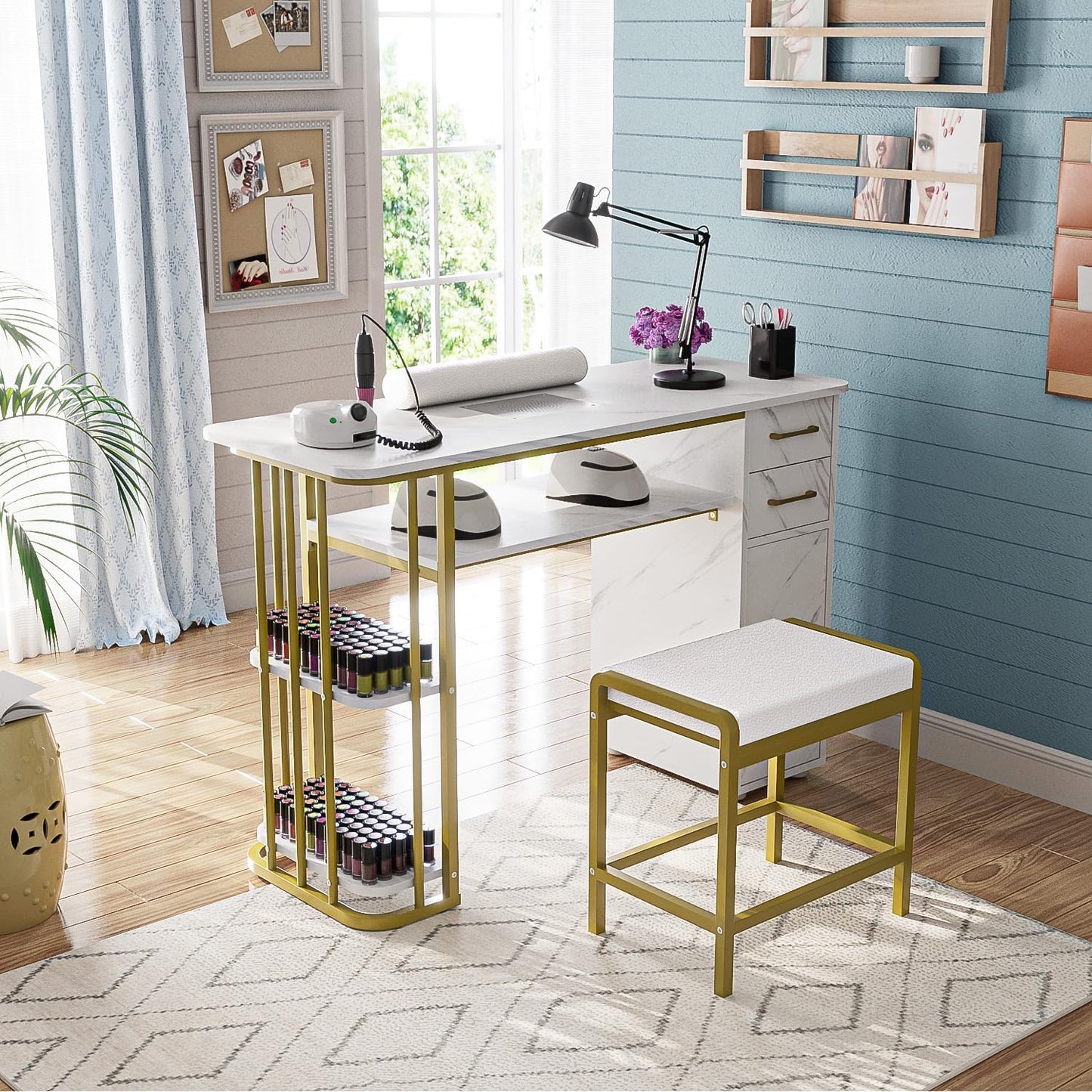 Manicure Table - Professional Nail Desk with Dust Collector & Stool | Modern White Design with Storage Cabinet & Drawers