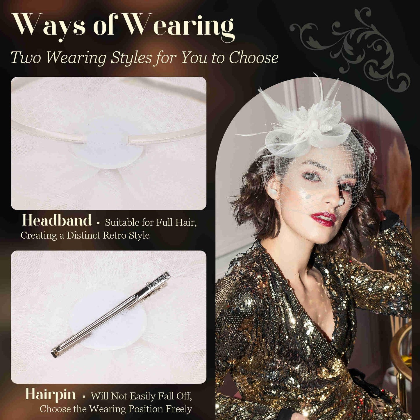 Masedy Fascinators Hats for Women Tea Party Hat Feather Mesh Headband Vintage Lace Headwear Veil Hair Clip Church White
