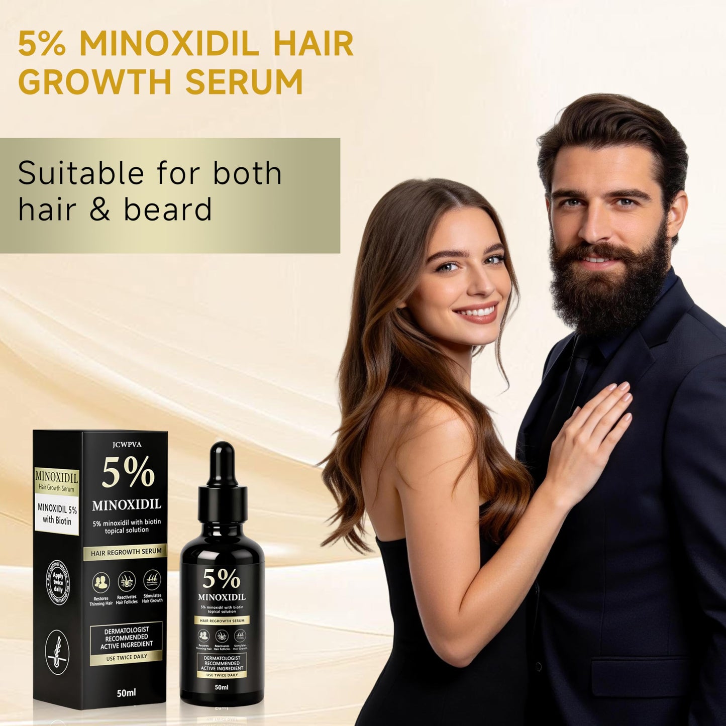 5% Minoxidil Hair Growth Biotin Serum for Men & Women, Minoxidil Hair Topical Solution for Beard Growth, Hair Loss Treatment, Biotin Hair Serum, Prevents Hair Loss and Thinning, 50ml/1.7oz