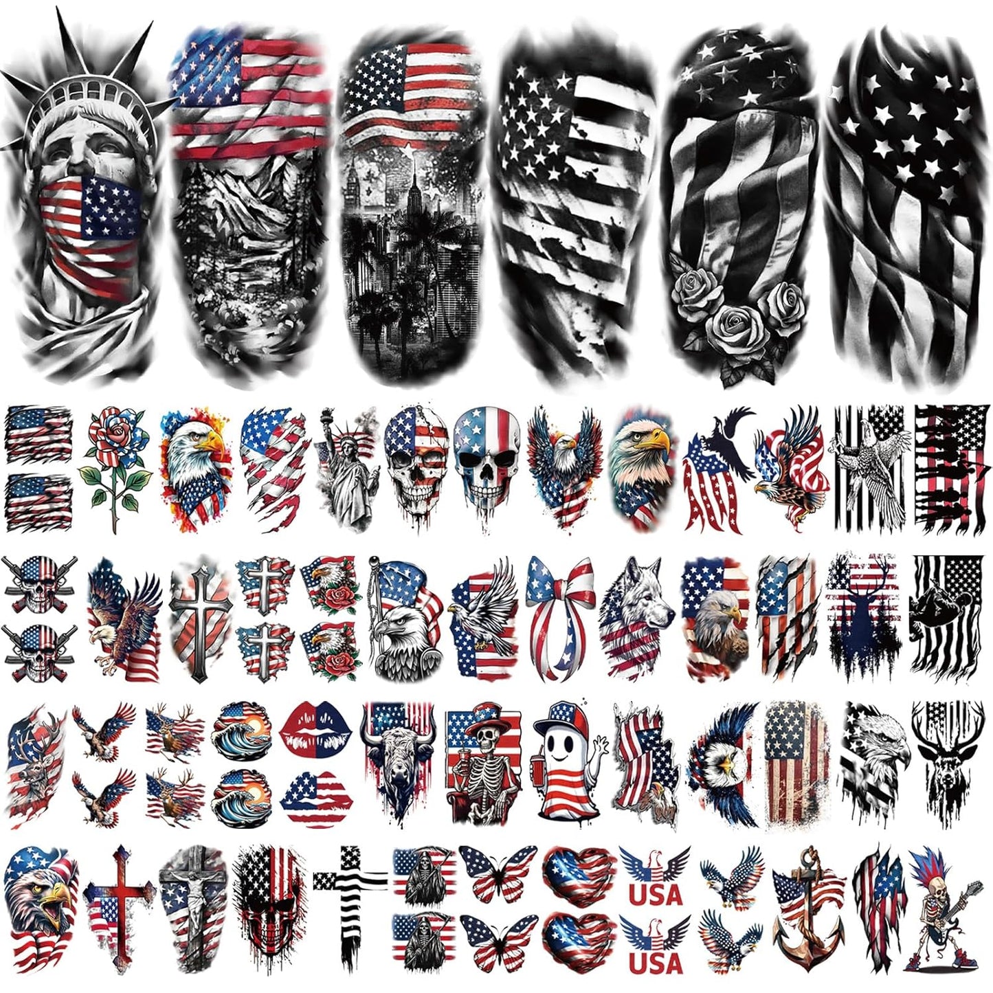 Independence Day Temporary Tattoos - USA Flag Waterproof Fake Tattoos | 77 Sheets for 4th of July, Memorial Day & Veterans Day