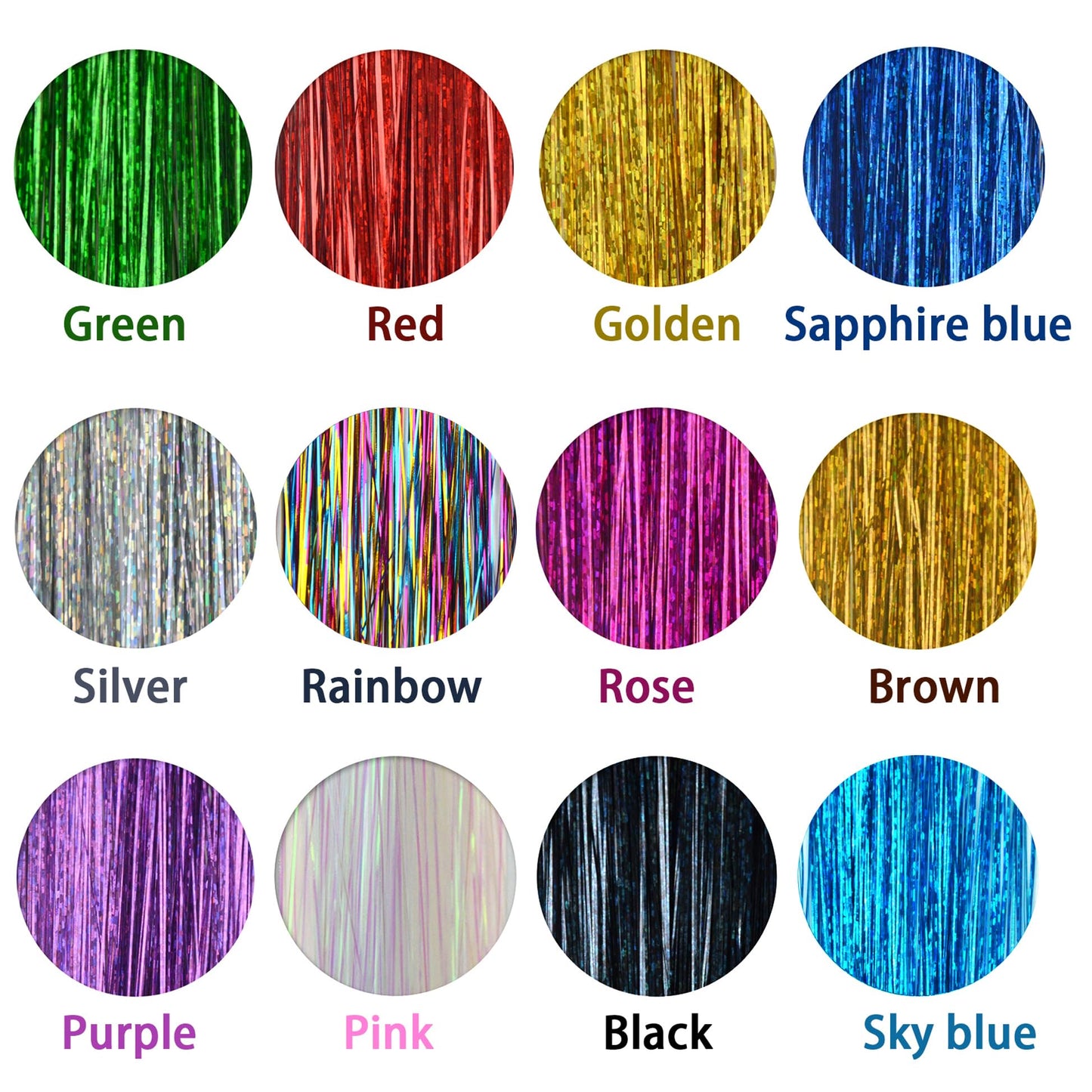 Colorful Glitter Hair Tinsel Set 47 Inch 12 Colors 2400 Strands, Shiny Fairy Hair Extensions with Tools for Women Girls Daily and Party Hairstyling