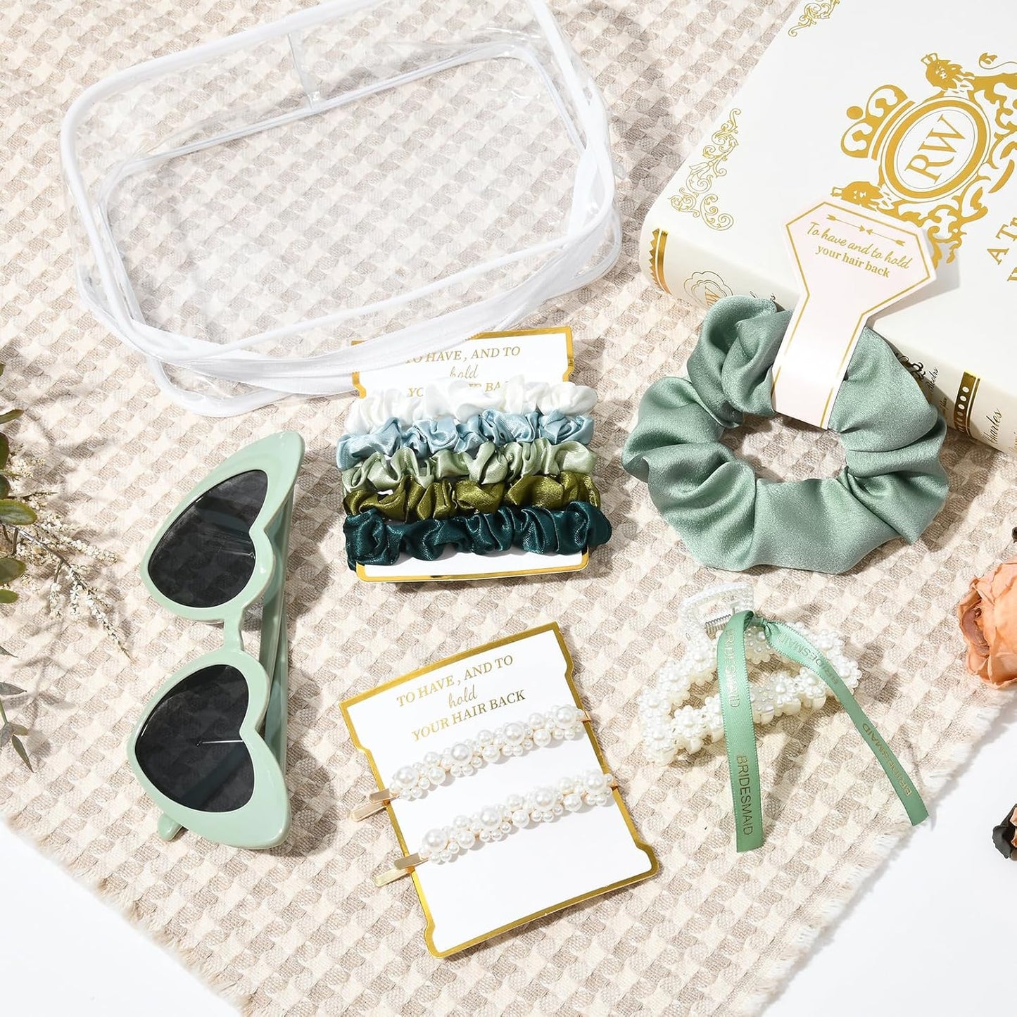 Pearl Gift Set for Bridesmaid Proposal - Clear Makeup Bag, Hair Claw Clips & Scrunchies | Sage Green