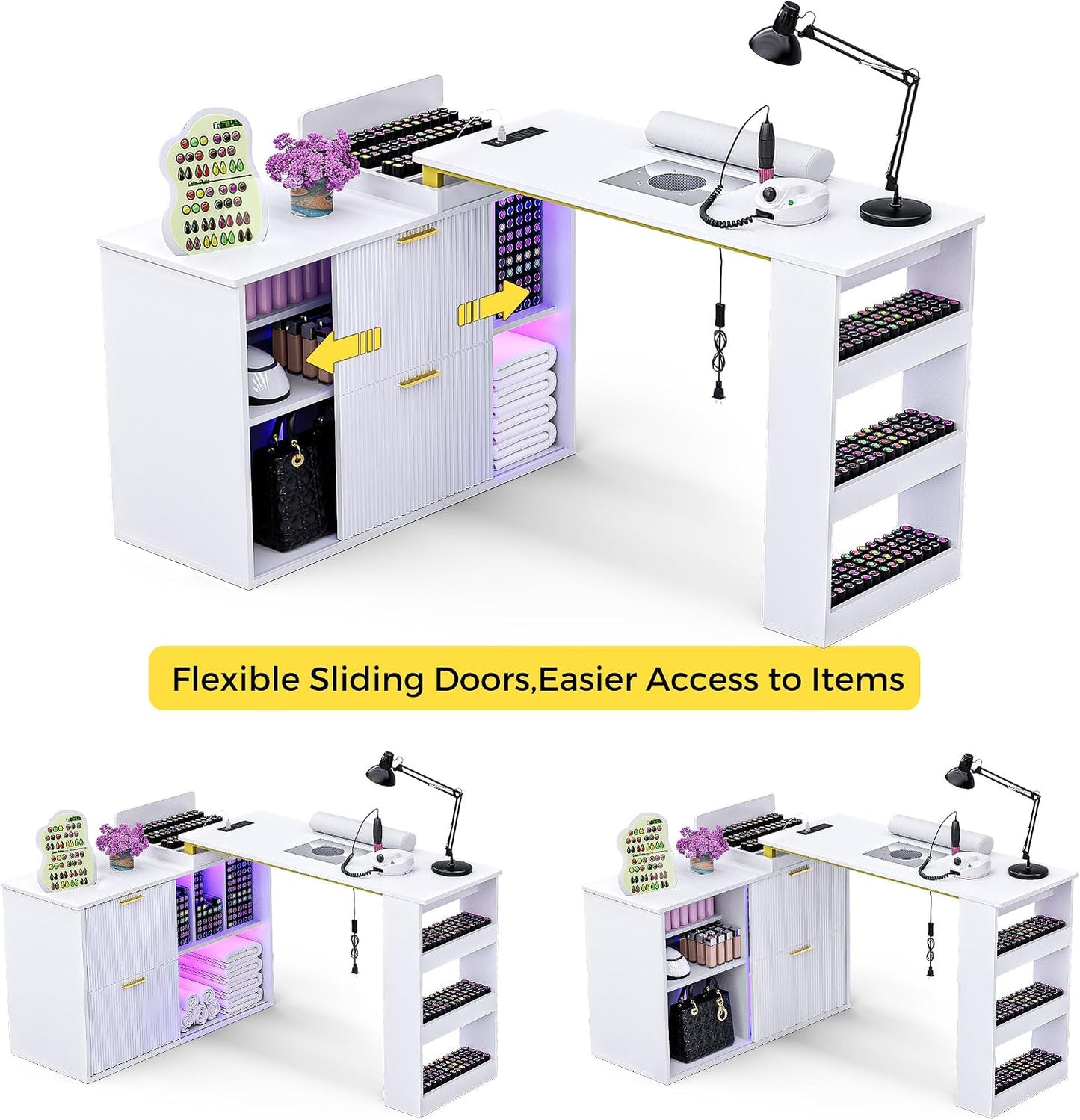 L-Shaped Manicure Table with LED Light - Adjustable Nail Tech Station with Dust Collector & Power Outlets | White