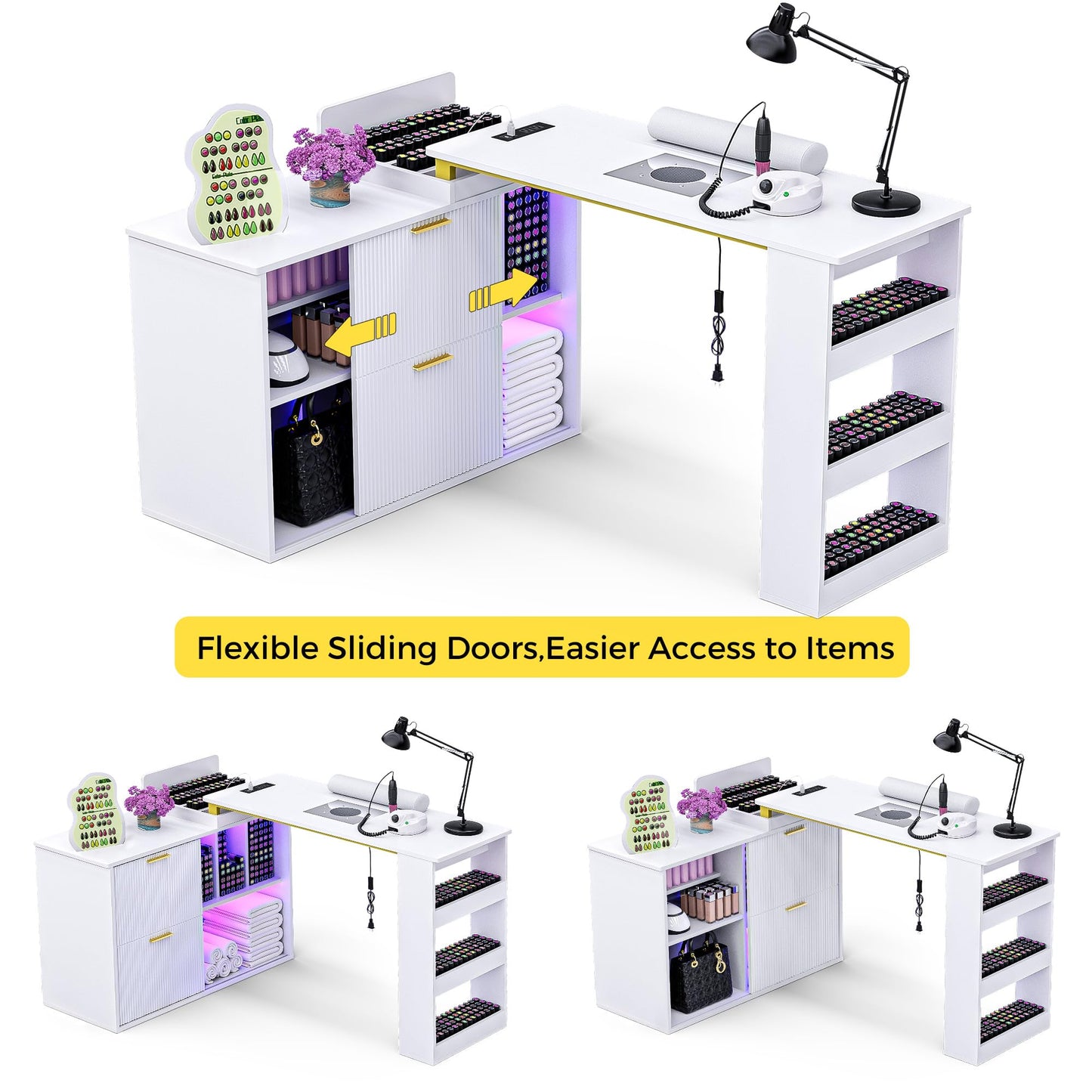 Manicure Table with LED Light, L-Shaped Nail Tech Table w/ Dust Collector & Power Outlets, Corner Nail Station Length Adjustable Nail Desk w/ Sliding Cabinet Door for Home Spa Beauty Salon, White