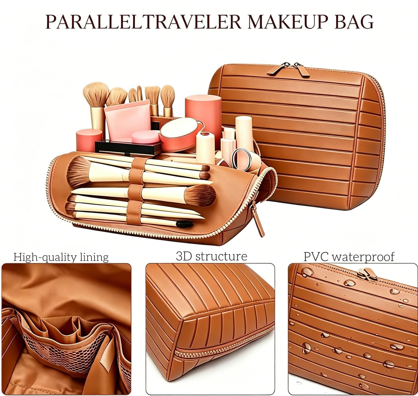 LILVEYUme Parallel Traveler Makeup Bag, Large Capacity Foldable Cosmetic Bag, 27 Pockets Adjustable Dividers with 3 Brush Holders, Unisex Travel Toiletry Case, Brown