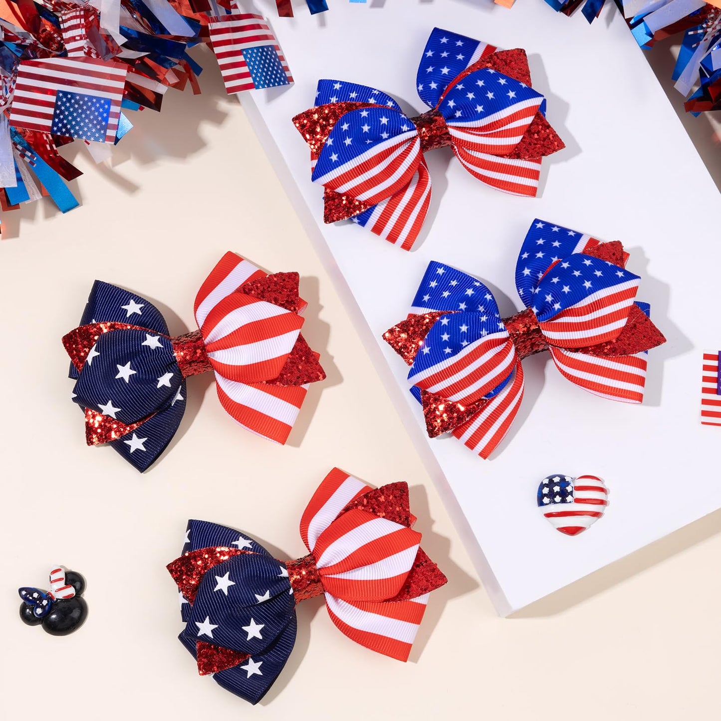 4PCS Glitter American Flag Hair Bows Clips, Sparkly Fourth of July Hair Bows Clips Alligator Barrettes, Patriotic Hair Accessories for Women Girls