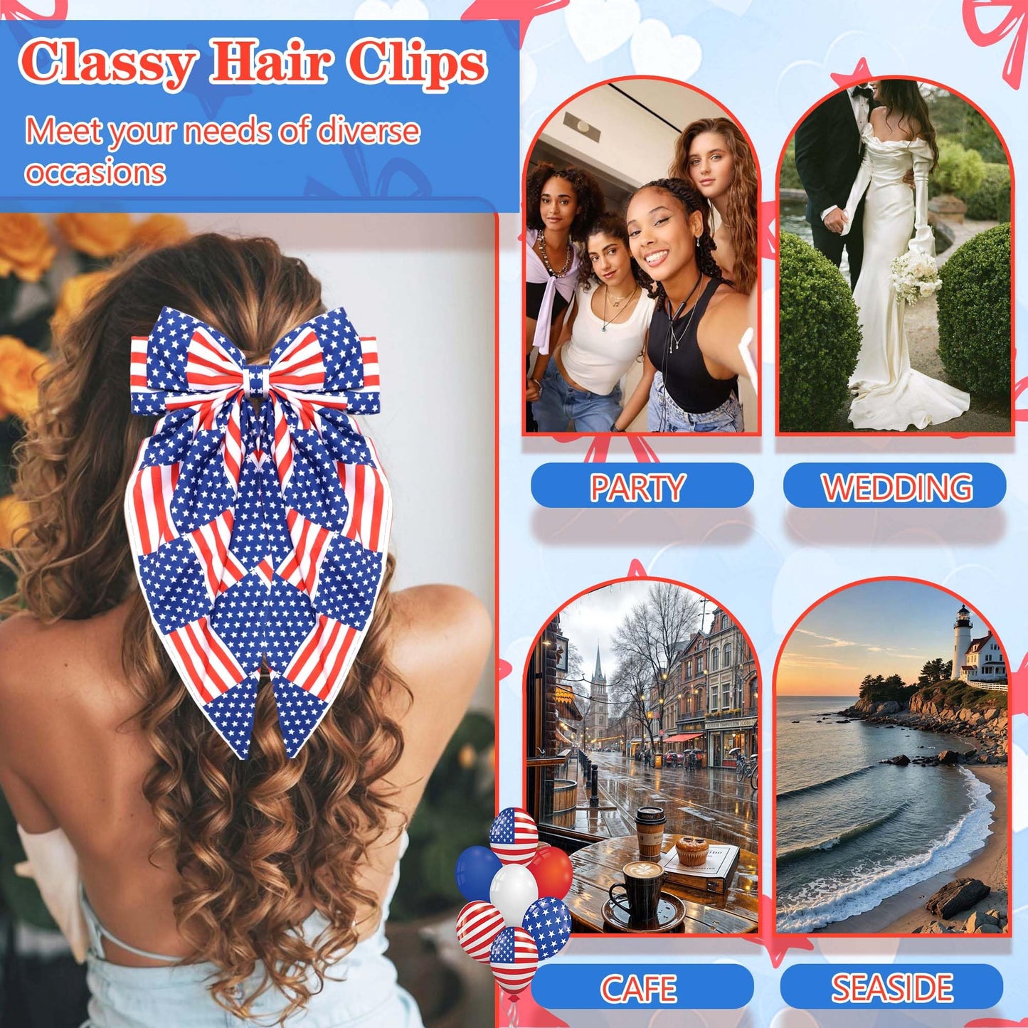STGDAK 4th of July Hair Bow Clips for Women Red White Blue Bow Hair Accessories USA Flag Big Bows Patriotic Fourth of July Bowknot Accessories for Girls Women Independence Day Memorial Party Decor