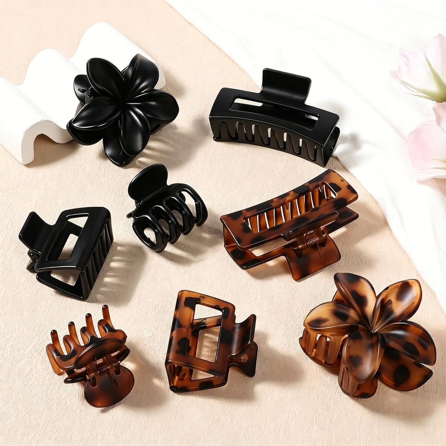 Matte Hair Clips for Women - 8 Pcs Strong Hold Non-Slip Claw Clips | Flower & Rectangle Styles in Deep Leopard